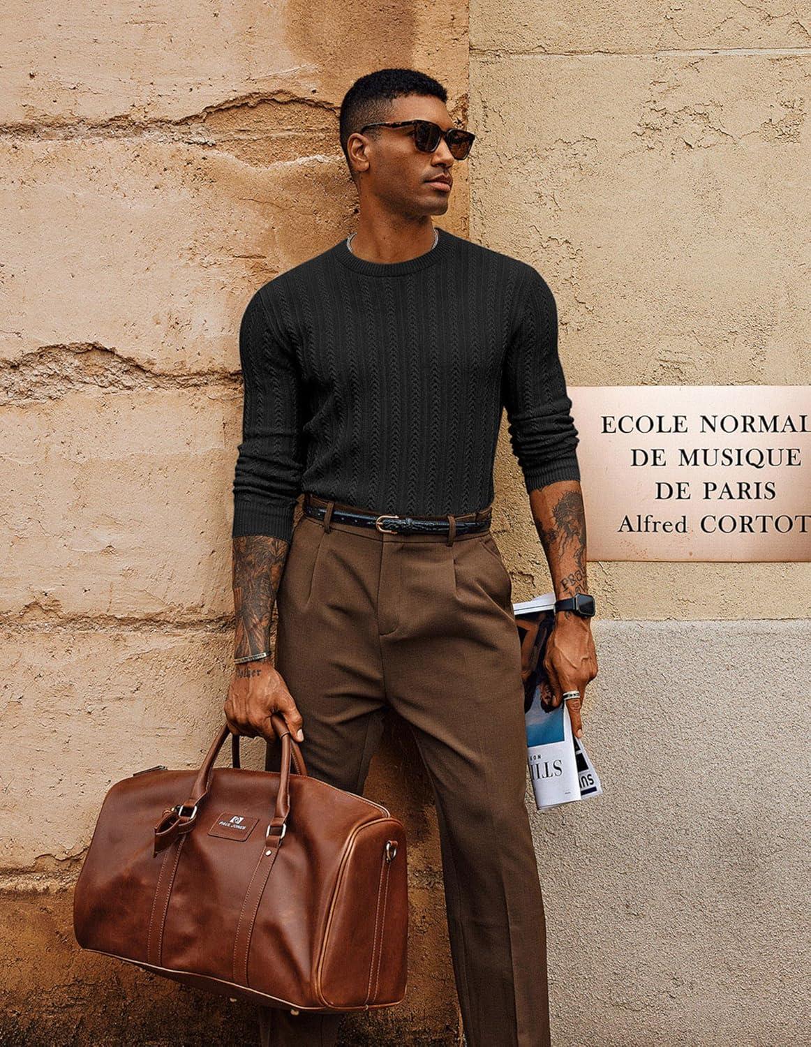 imagePJ PAUL JONES Mens Crew Neck Sweater Lightweight Cable Knitted Pullover SweatersBlack