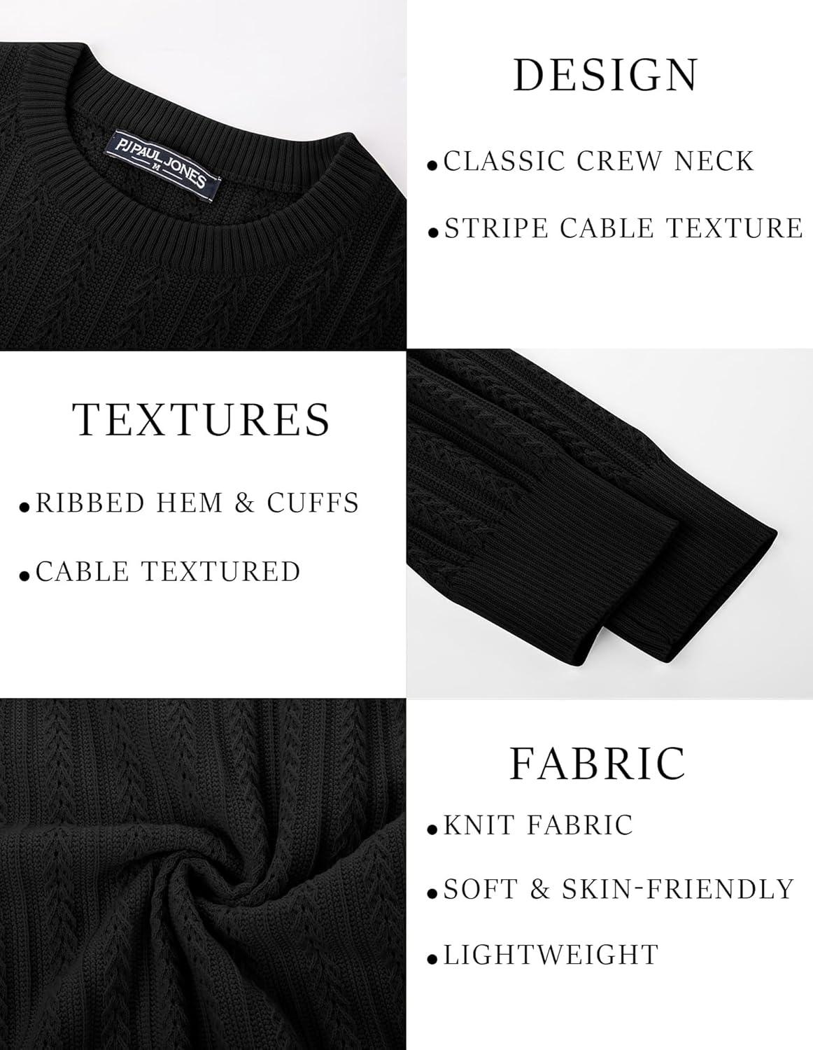 imagePJ PAUL JONES Mens Crew Neck Sweater Lightweight Cable Knitted Pullover SweatersBlack