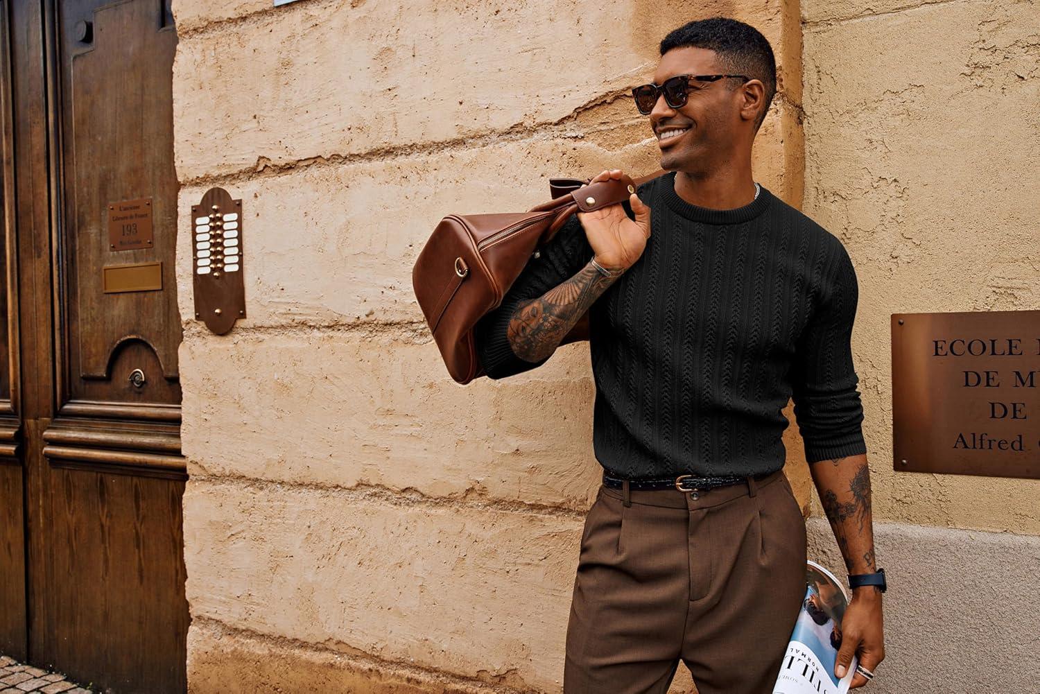 imagePJ PAUL JONES Mens Crew Neck Sweater Lightweight Cable Knitted Pullover SweatersBlack