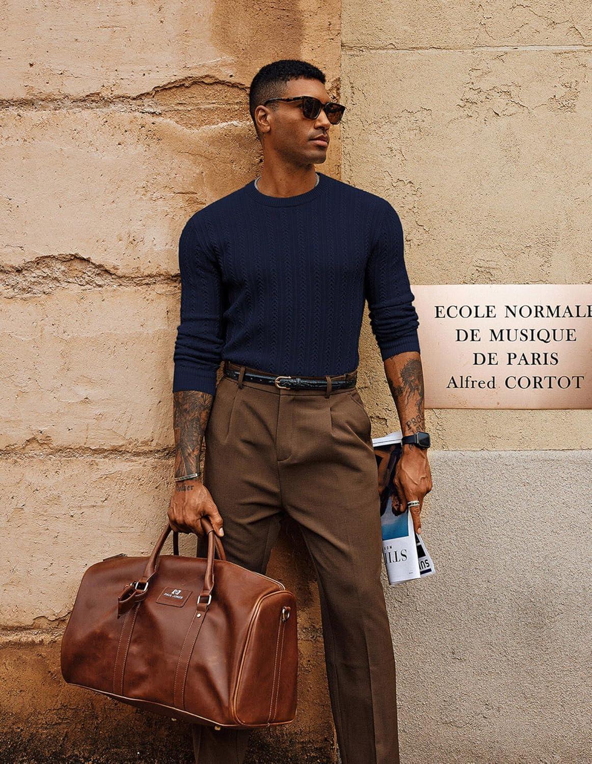 imagePJ PAUL JONES Mens Crew Neck Sweater Lightweight Cable Knitted Pullover SweatersDark Blue