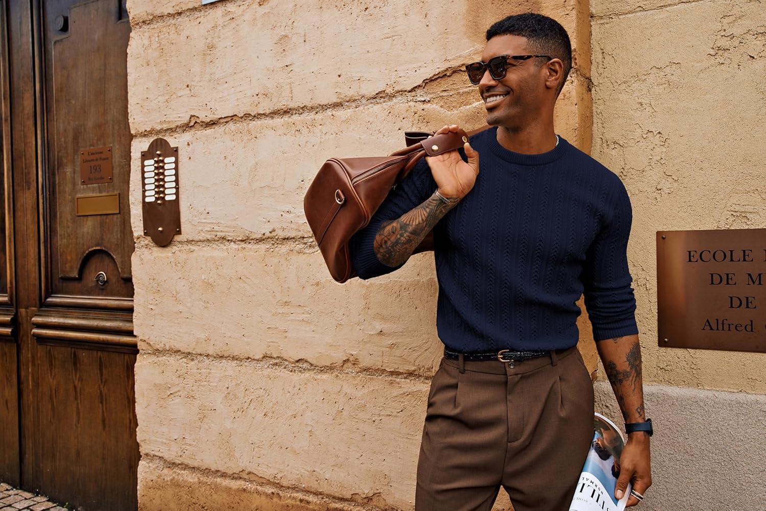 imagePJ PAUL JONES Mens Crew Neck Sweater Lightweight Cable Knitted Pullover SweatersDark Blue