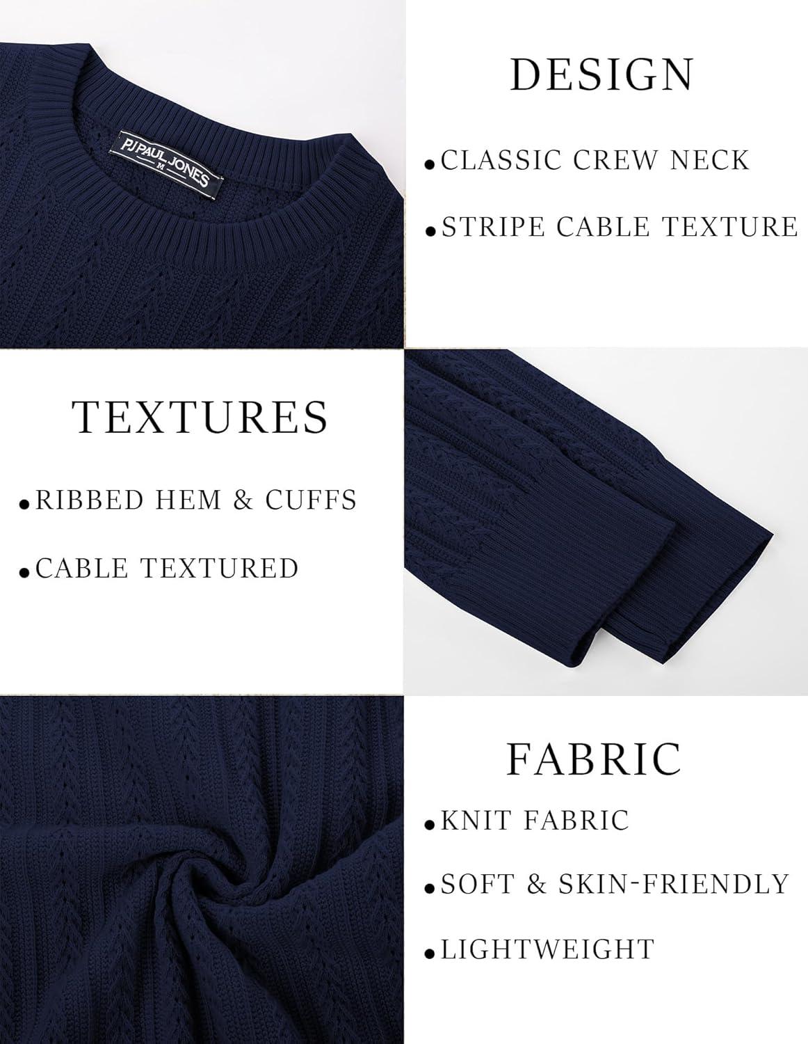 imagePJ PAUL JONES Mens Crew Neck Sweater Lightweight Cable Knitted Pullover SweatersDark Blue