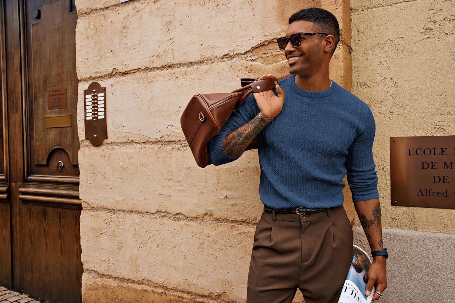 imagePJ PAUL JONES Mens Crew Neck Sweater Lightweight Cable Knitted Pullover SweatersGrey Blue