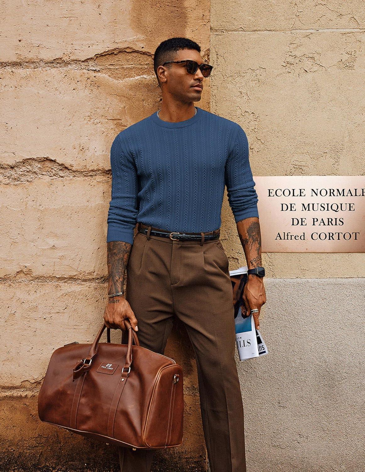 imagePJ PAUL JONES Mens Crew Neck Sweater Lightweight Cable Knitted Pullover SweatersGrey Blue