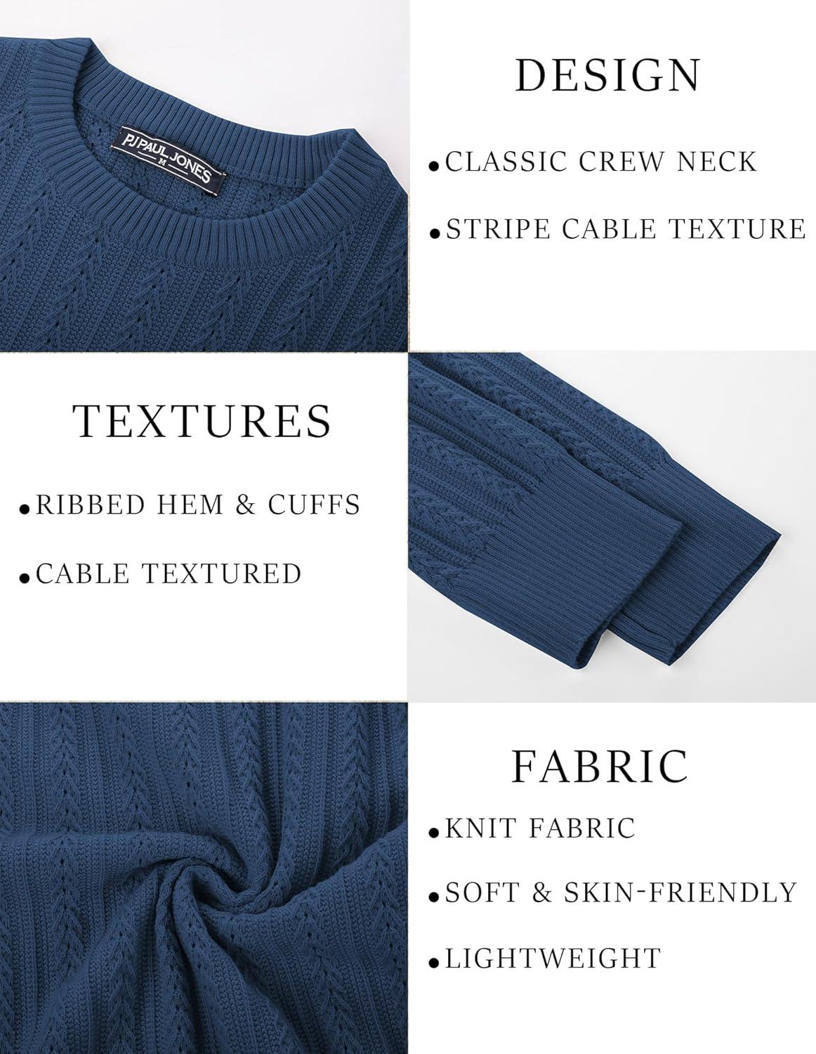 imagePJ PAUL JONES Mens Crew Neck Sweater Lightweight Cable Knitted Pullover SweatersGrey Blue