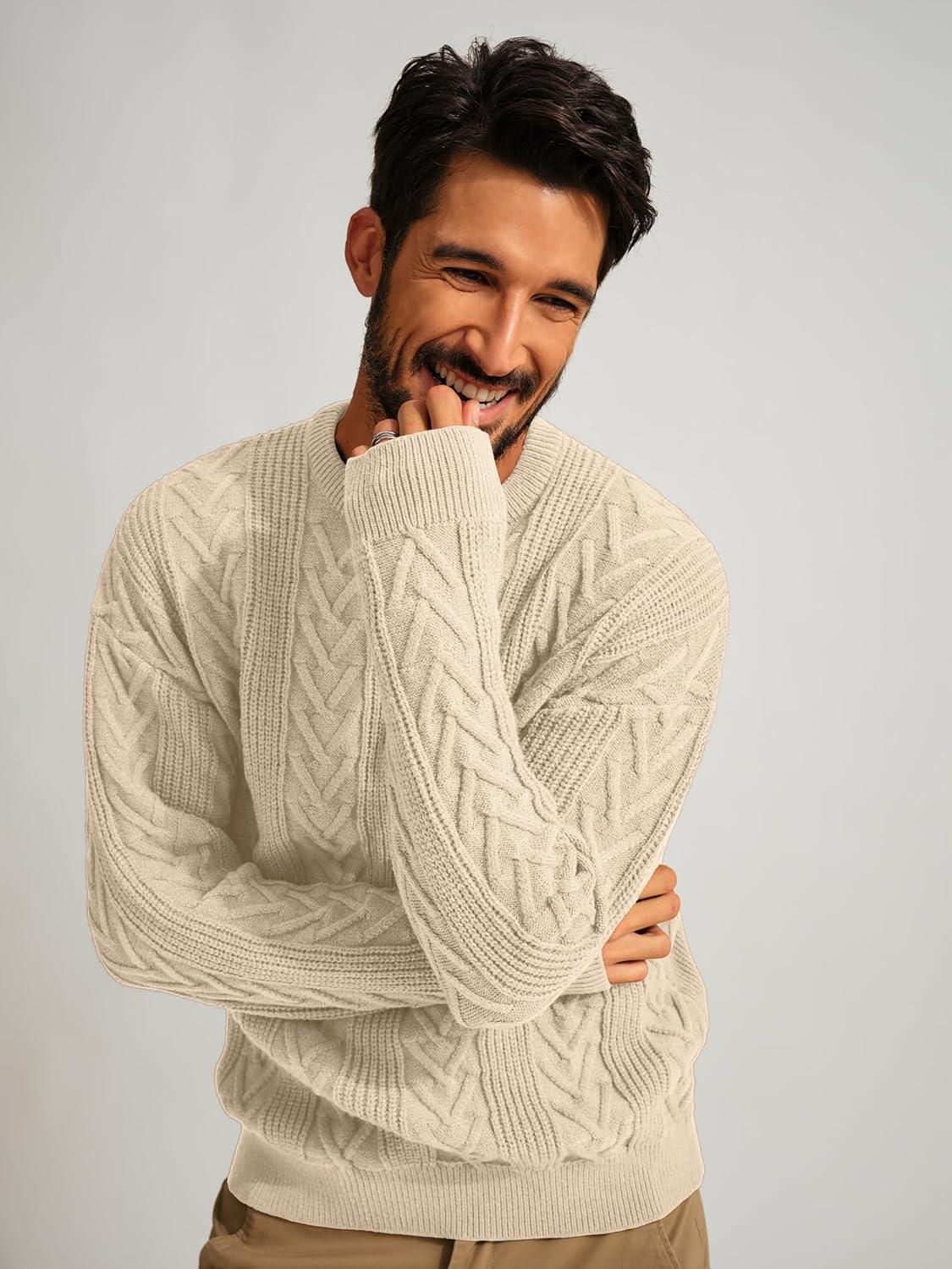 imagePJ PAUL JONES Mens Crewneck Sweater Casual Cable Knit Pullover Sweater Drop Shoulder Solid Knitted SweatersApricot