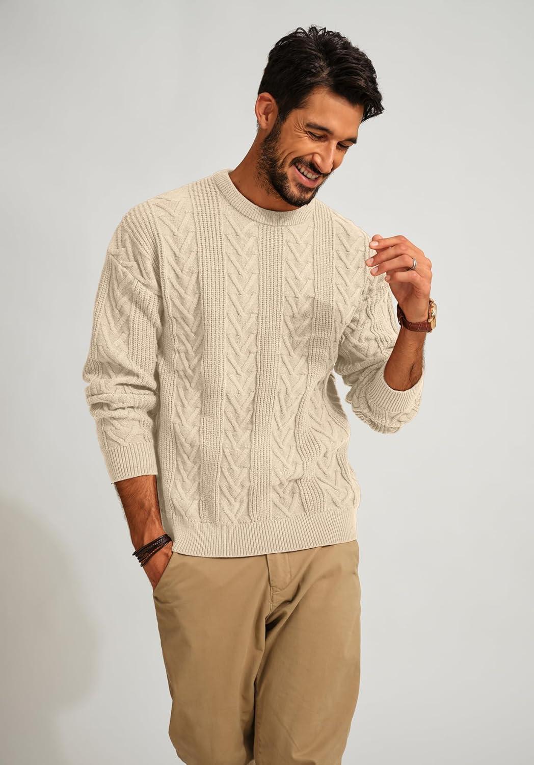 imagePJ PAUL JONES Mens Crewneck Sweater Casual Cable Knit Pullover Sweater Drop Shoulder Solid Knitted SweatersApricot