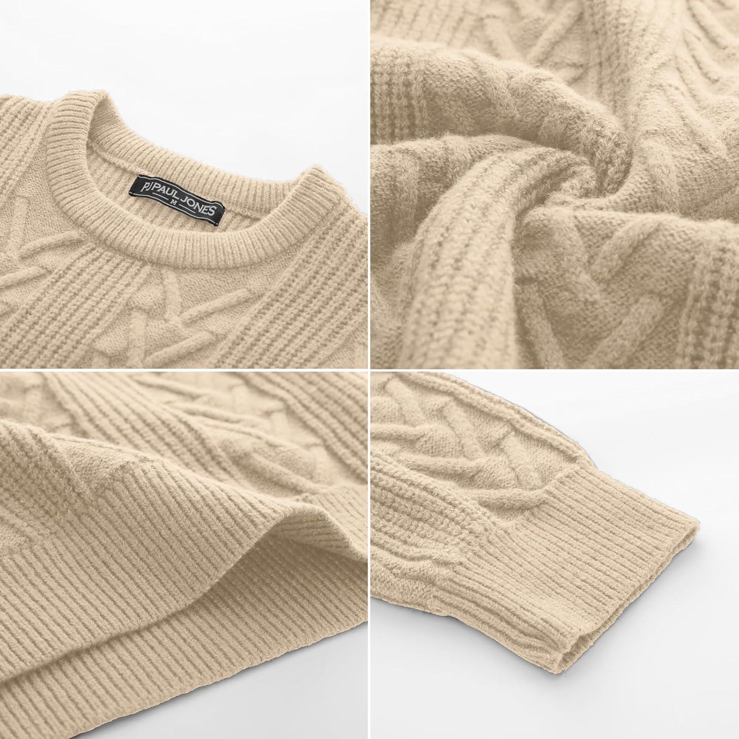 imagePJ PAUL JONES Mens Crewneck Sweater Casual Cable Knit Pullover Sweater Drop Shoulder Solid Knitted SweatersApricot