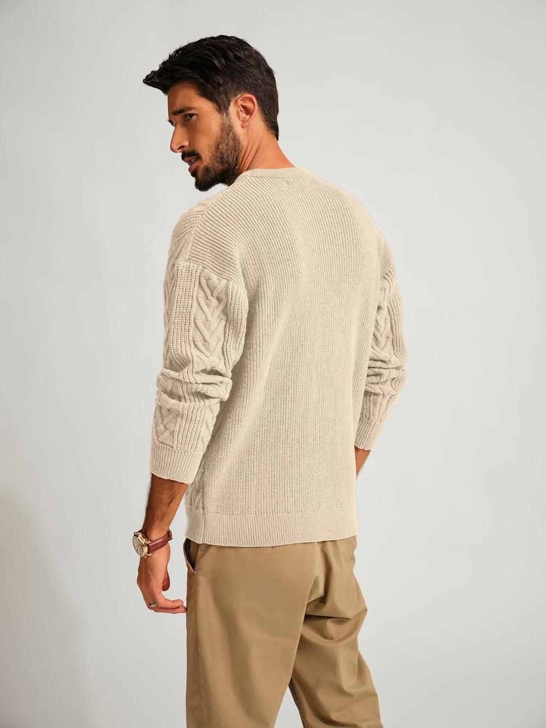 imagePJ PAUL JONES Mens Crewneck Sweater Casual Cable Knit Pullover Sweater Drop Shoulder Solid Knitted SweatersApricot