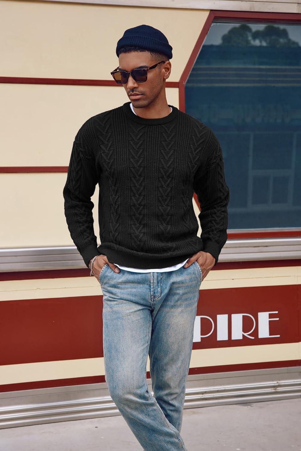 imagePJ PAUL JONES Mens Crewneck Sweater Casual Cable Knit Pullover Sweater Drop Shoulder Solid Knitted SweatersBlack