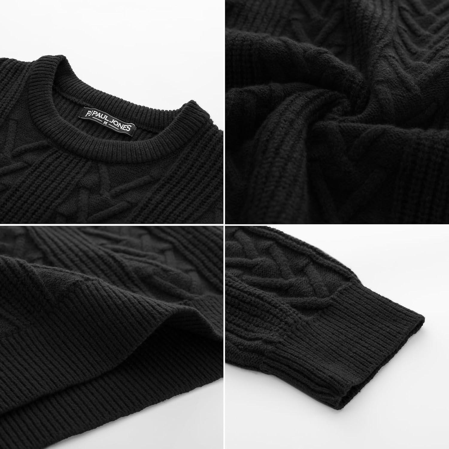 imagePJ PAUL JONES Mens Crewneck Sweater Casual Cable Knit Pullover Sweater Drop Shoulder Solid Knitted SweatersBlack