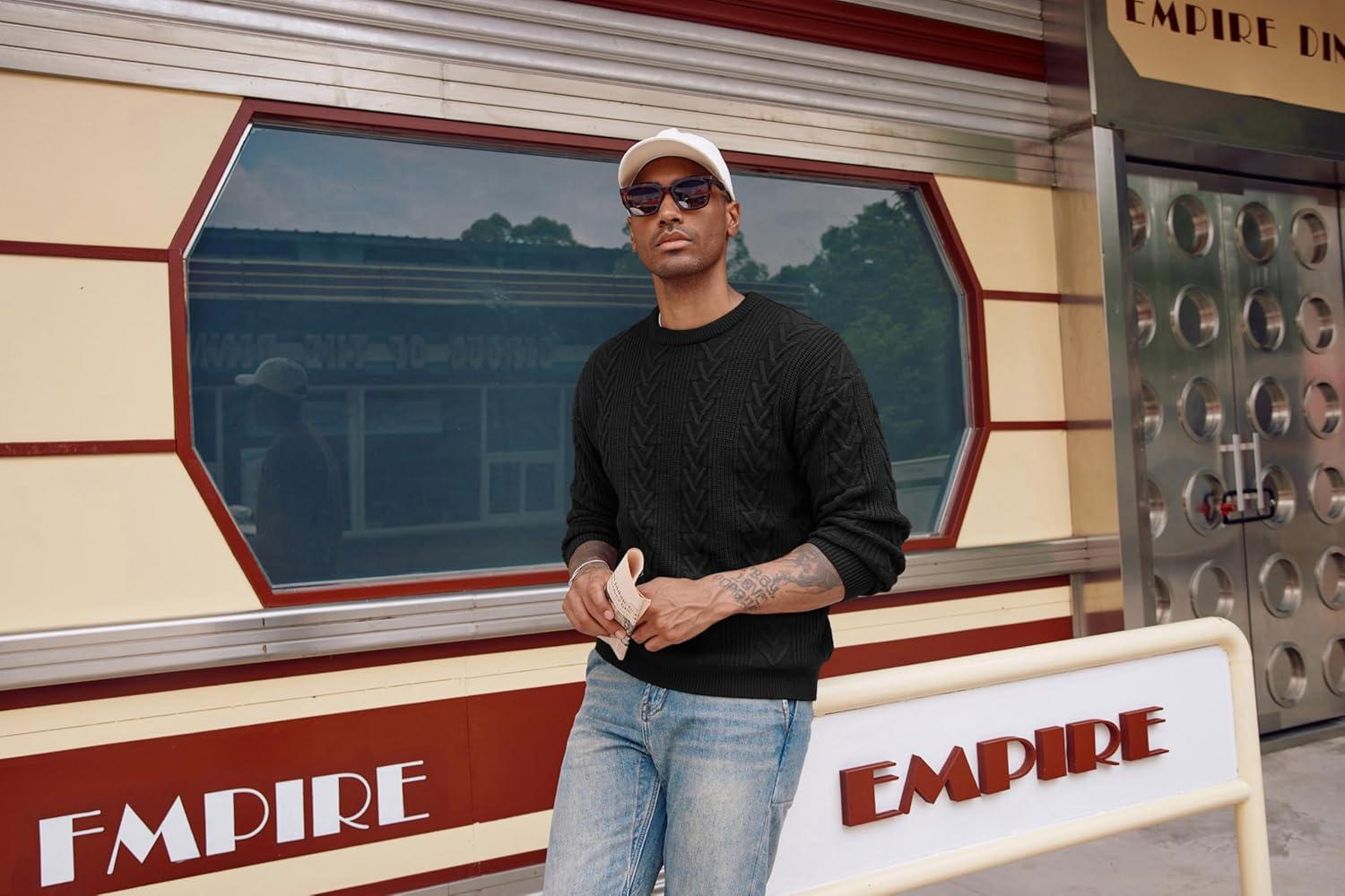 imagePJ PAUL JONES Mens Crewneck Sweater Casual Cable Knit Pullover Sweater Drop Shoulder Solid Knitted SweatersBlack