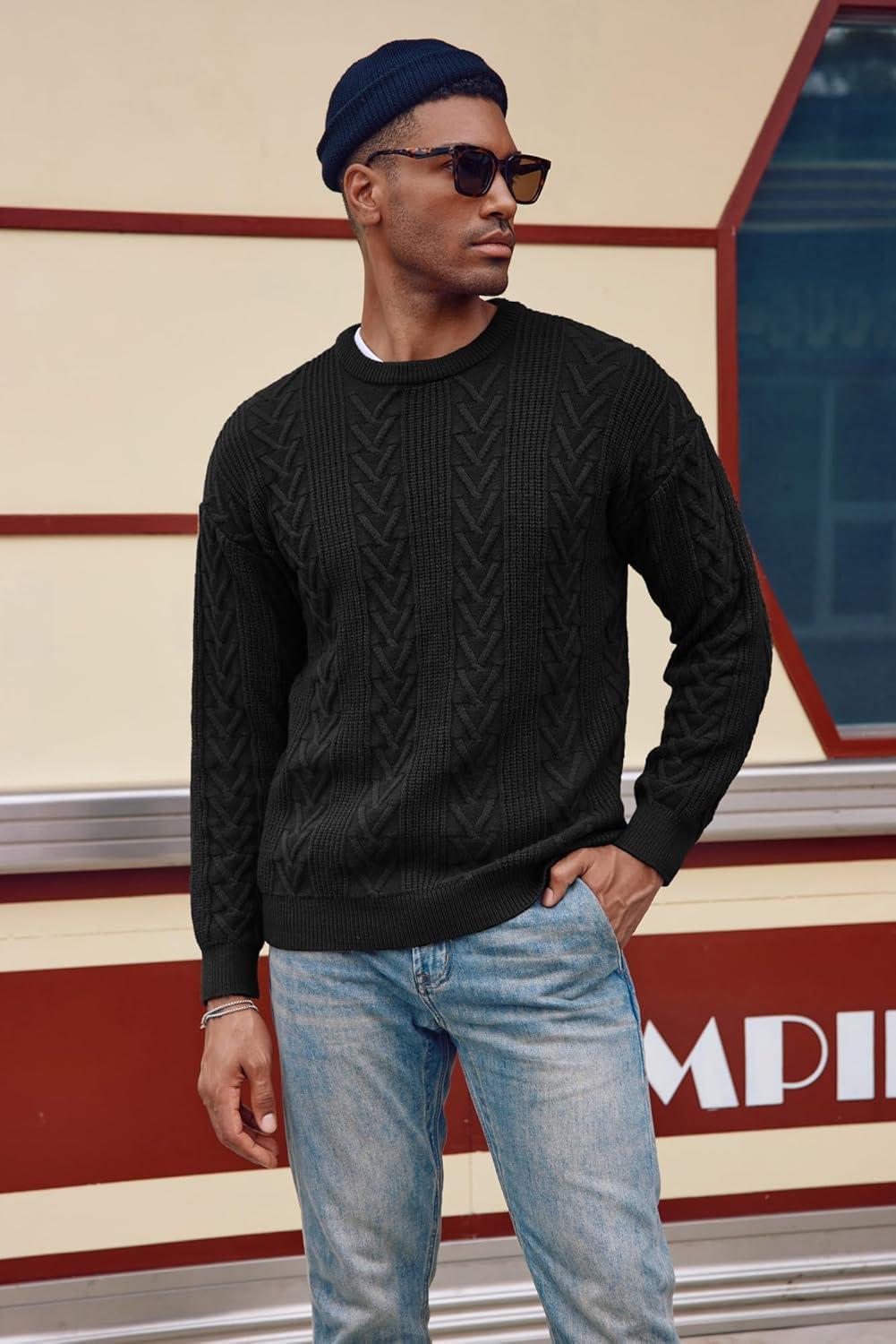 imagePJ PAUL JONES Mens Crewneck Sweater Casual Cable Knit Pullover Sweater Drop Shoulder Solid Knitted SweatersBlack
