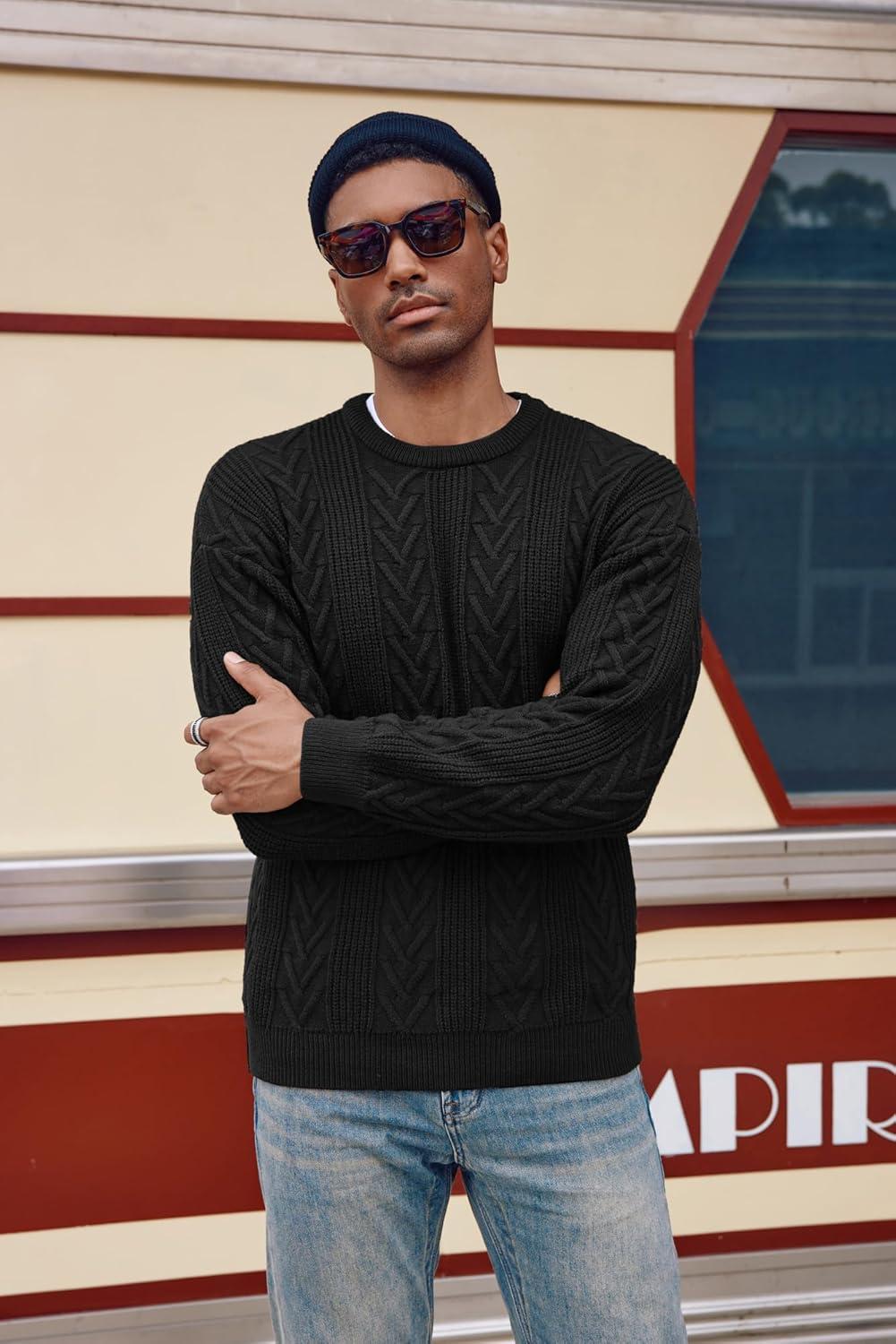 imagePJ PAUL JONES Mens Crewneck Sweater Casual Cable Knit Pullover Sweater Drop Shoulder Solid Knitted SweatersBlack