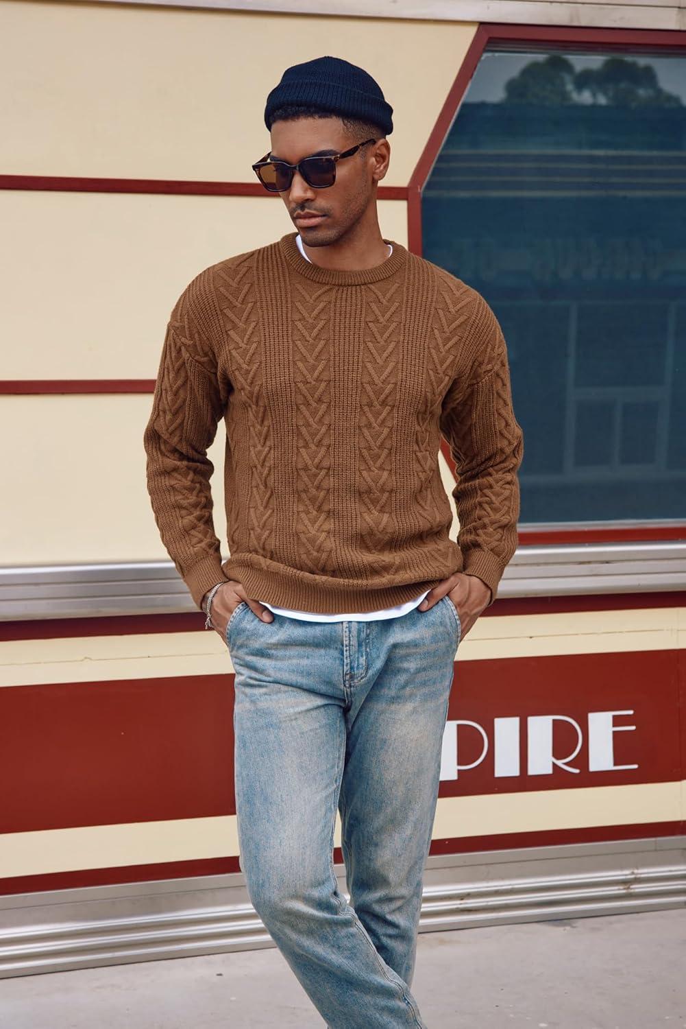 imagePJ PAUL JONES Mens Crewneck Sweater Casual Cable Knit Pullover Sweater Drop Shoulder Solid Knitted SweatersBrown