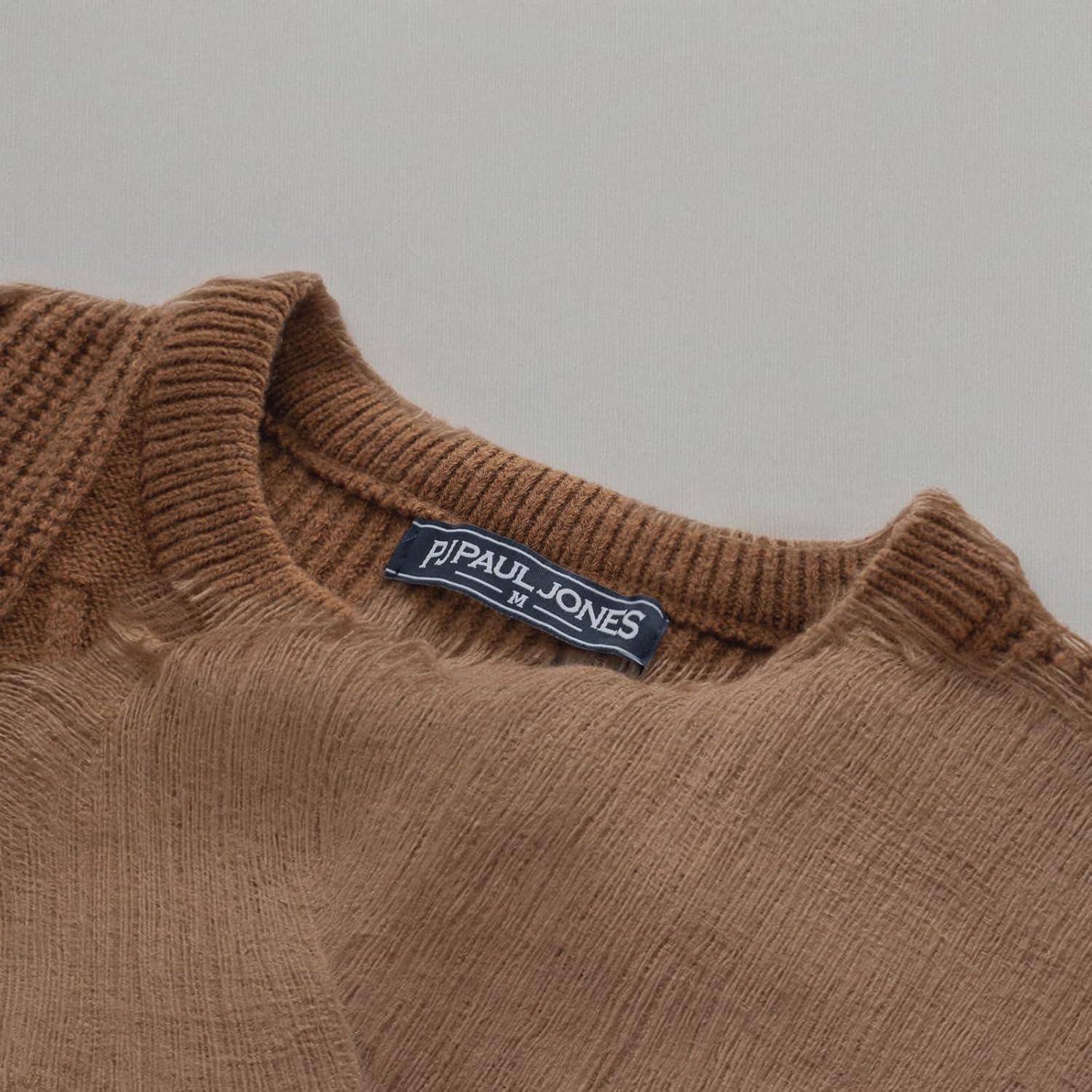 imagePJ PAUL JONES Mens Crewneck Sweater Casual Cable Knit Pullover Sweater Drop Shoulder Solid Knitted SweatersBrown