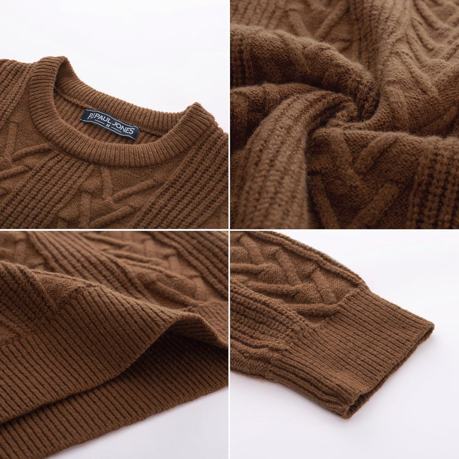 imagePJ PAUL JONES Mens Crewneck Sweater Casual Cable Knit Pullover Sweater Drop Shoulder Solid Knitted SweatersBrown