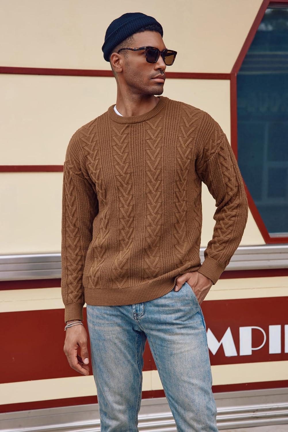imagePJ PAUL JONES Mens Crewneck Sweater Casual Cable Knit Pullover Sweater Drop Shoulder Solid Knitted SweatersBrown