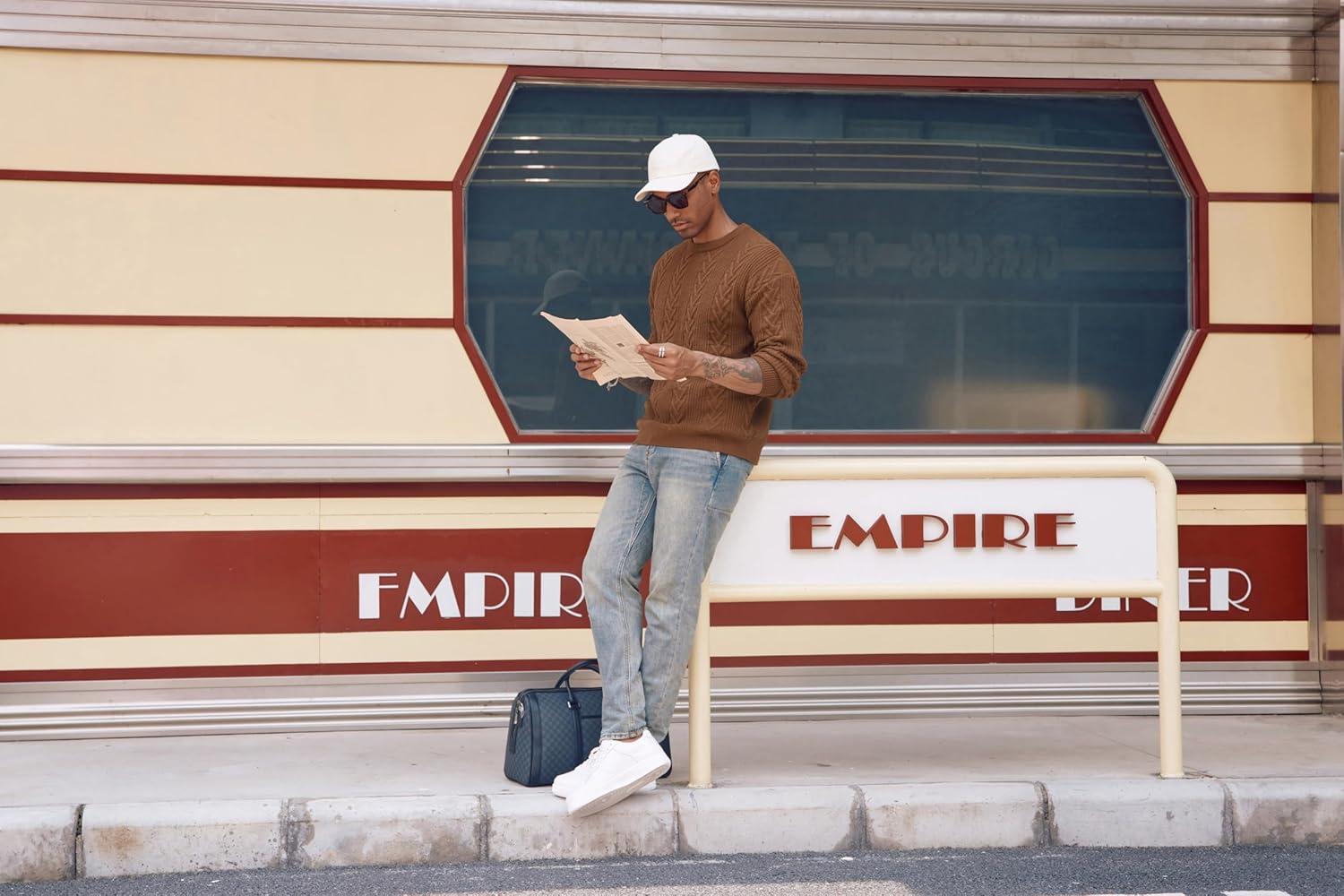 imagePJ PAUL JONES Mens Crewneck Sweater Casual Cable Knit Pullover Sweater Drop Shoulder Solid Knitted SweatersBrown