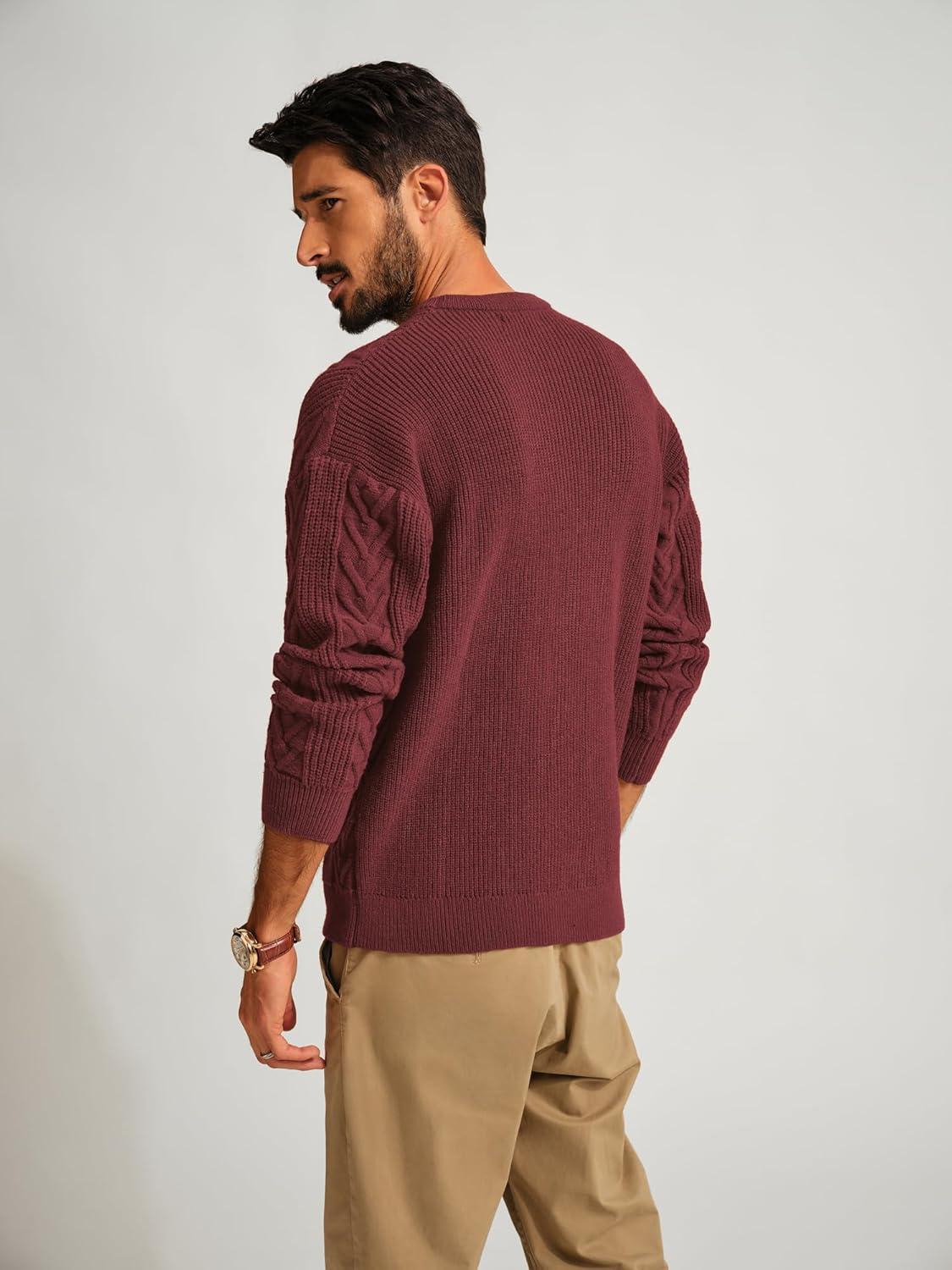 imagePJ PAUL JONES Mens Crewneck Sweater Casual Cable Knit Pullover Sweater Drop Shoulder Solid Knitted SweatersBurgundy