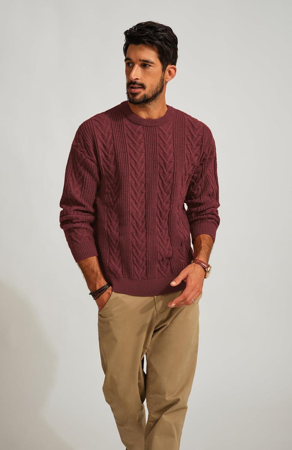 imagePJ PAUL JONES Mens Crewneck Sweater Casual Cable Knit Pullover Sweater Drop Shoulder Solid Knitted SweatersBurgundy
