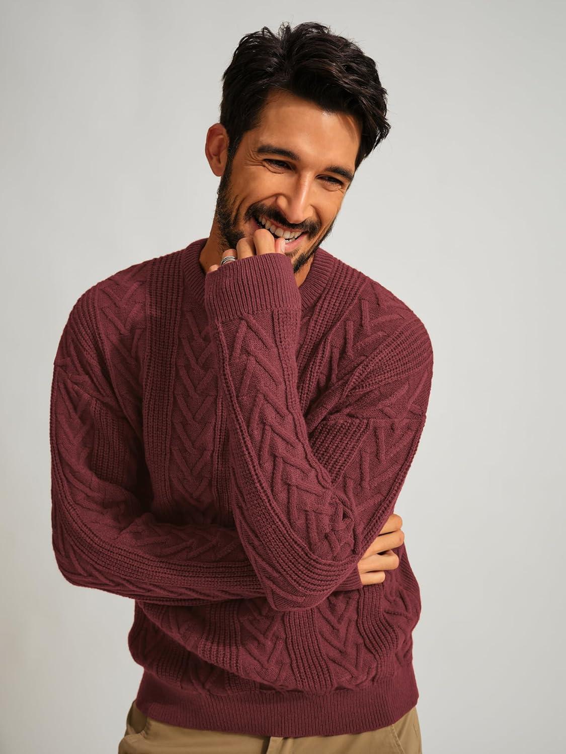 imagePJ PAUL JONES Mens Crewneck Sweater Casual Cable Knit Pullover Sweater Drop Shoulder Solid Knitted SweatersBurgundy