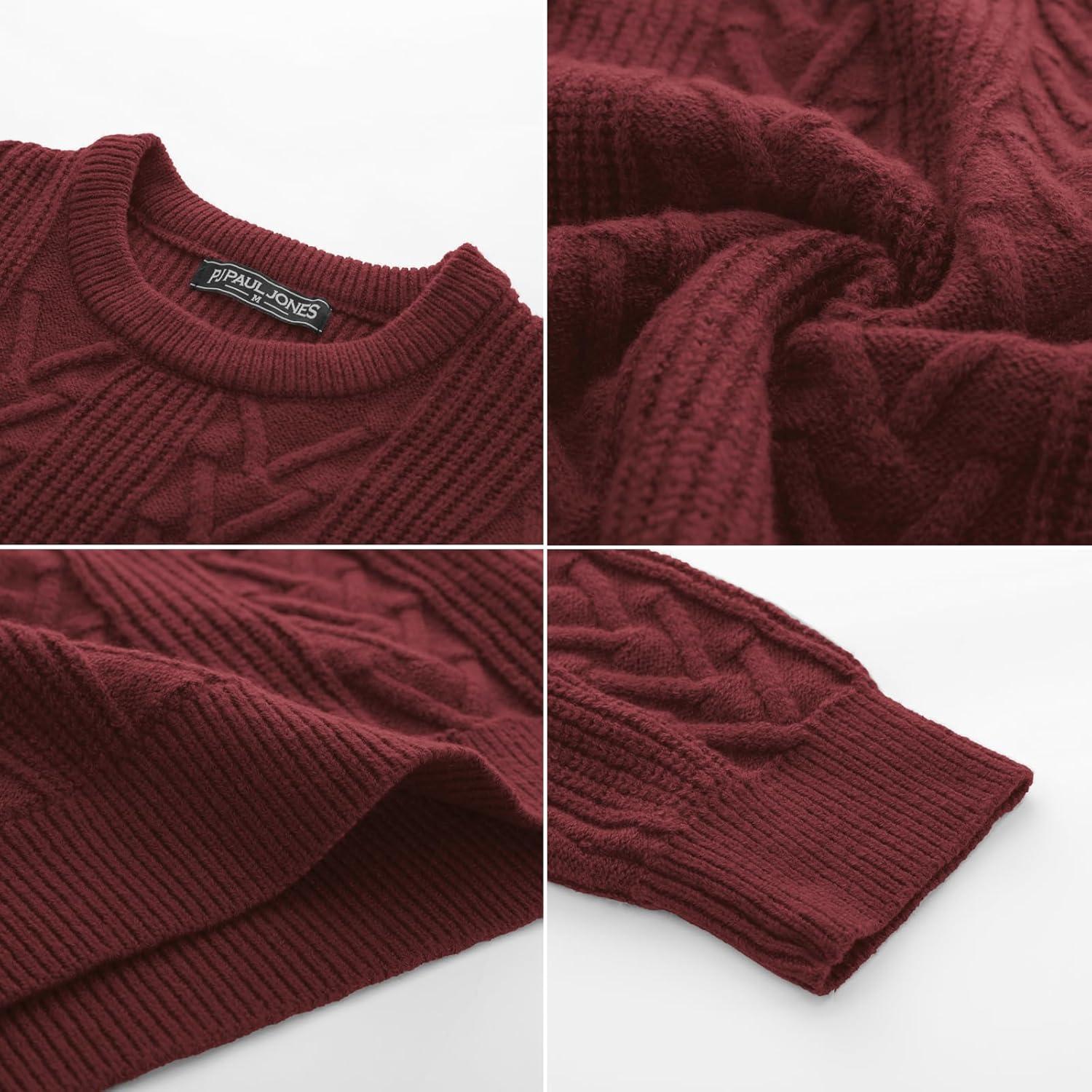 imagePJ PAUL JONES Mens Crewneck Sweater Casual Cable Knit Pullover Sweater Drop Shoulder Solid Knitted SweatersBurgundy