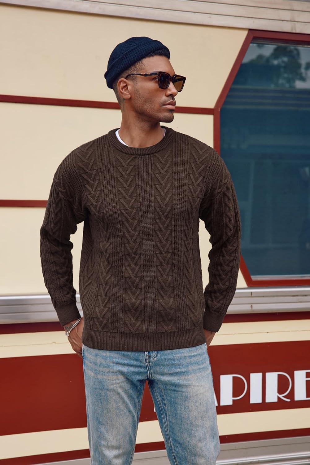 imagePJ PAUL JONES Mens Crewneck Sweater Casual Cable Knit Pullover Sweater Drop Shoulder Solid Knitted SweatersDark Brown