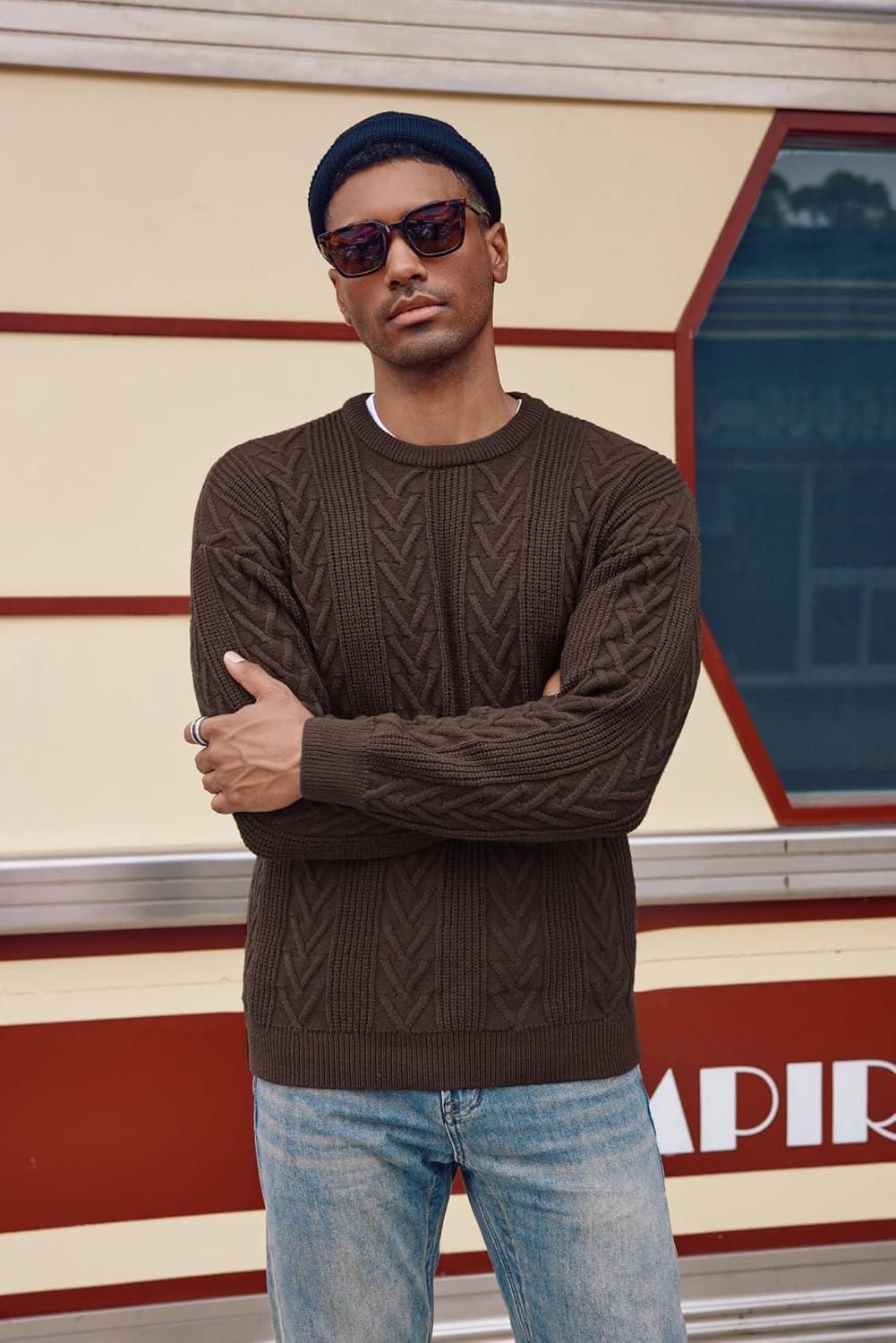 imagePJ PAUL JONES Mens Crewneck Sweater Casual Cable Knit Pullover Sweater Drop Shoulder Solid Knitted SweatersDark Brown