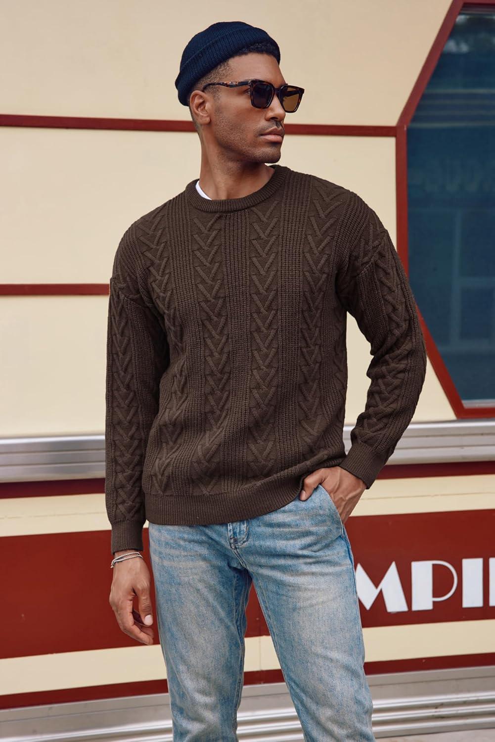 imagePJ PAUL JONES Mens Crewneck Sweater Casual Cable Knit Pullover Sweater Drop Shoulder Solid Knitted SweatersDark Brown