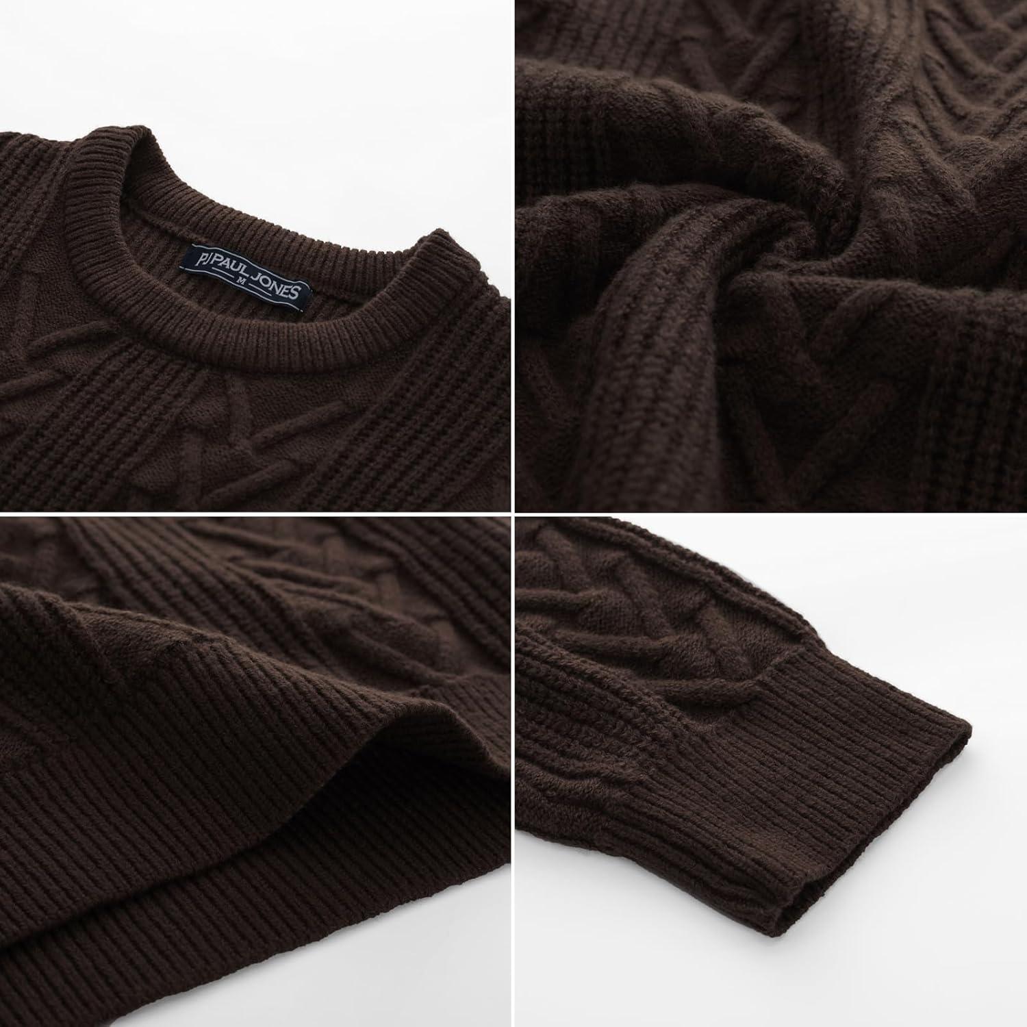 imagePJ PAUL JONES Mens Crewneck Sweater Casual Cable Knit Pullover Sweater Drop Shoulder Solid Knitted SweatersDark Brown