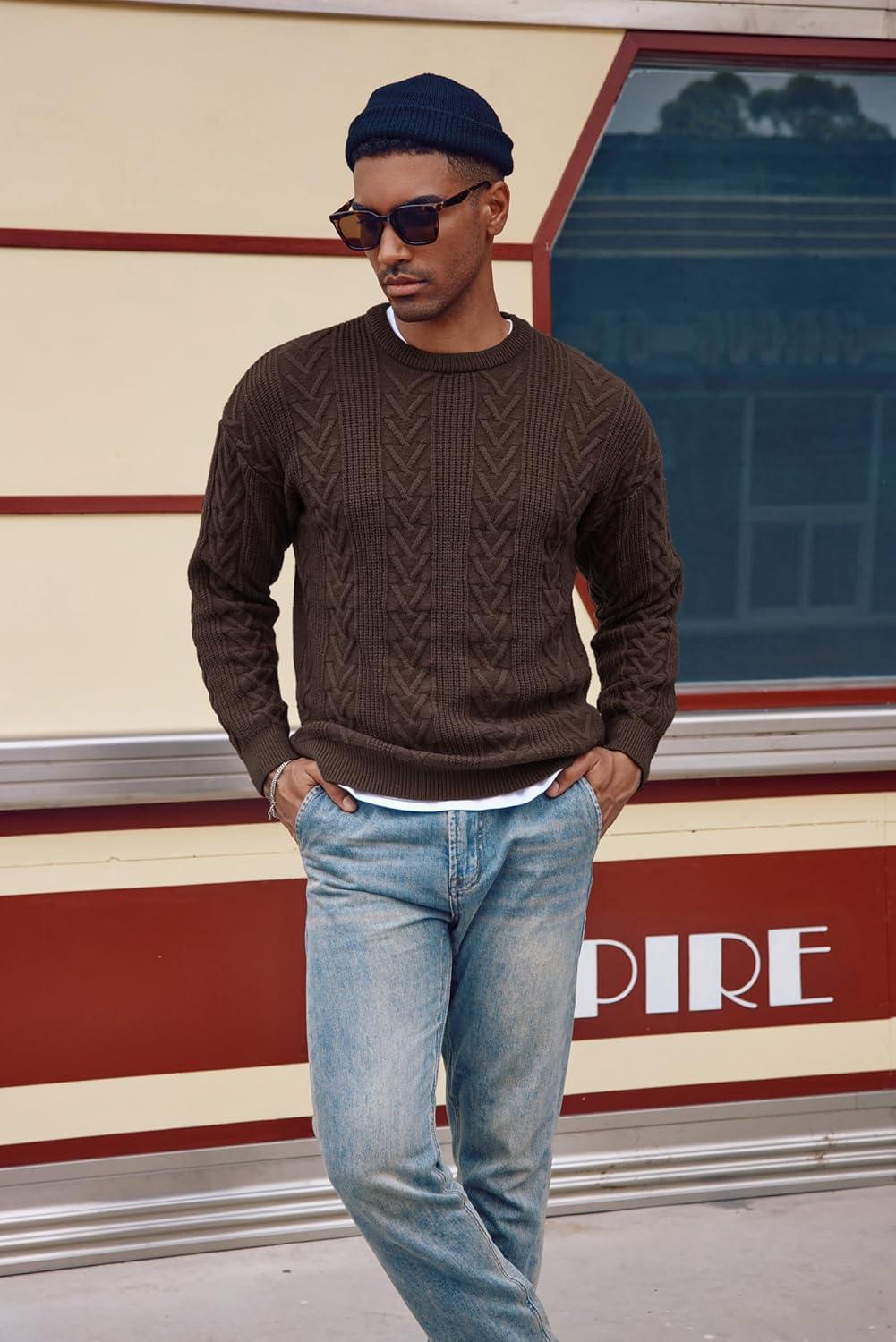 imagePJ PAUL JONES Mens Crewneck Sweater Casual Cable Knit Pullover Sweater Drop Shoulder Solid Knitted SweatersDark Brown