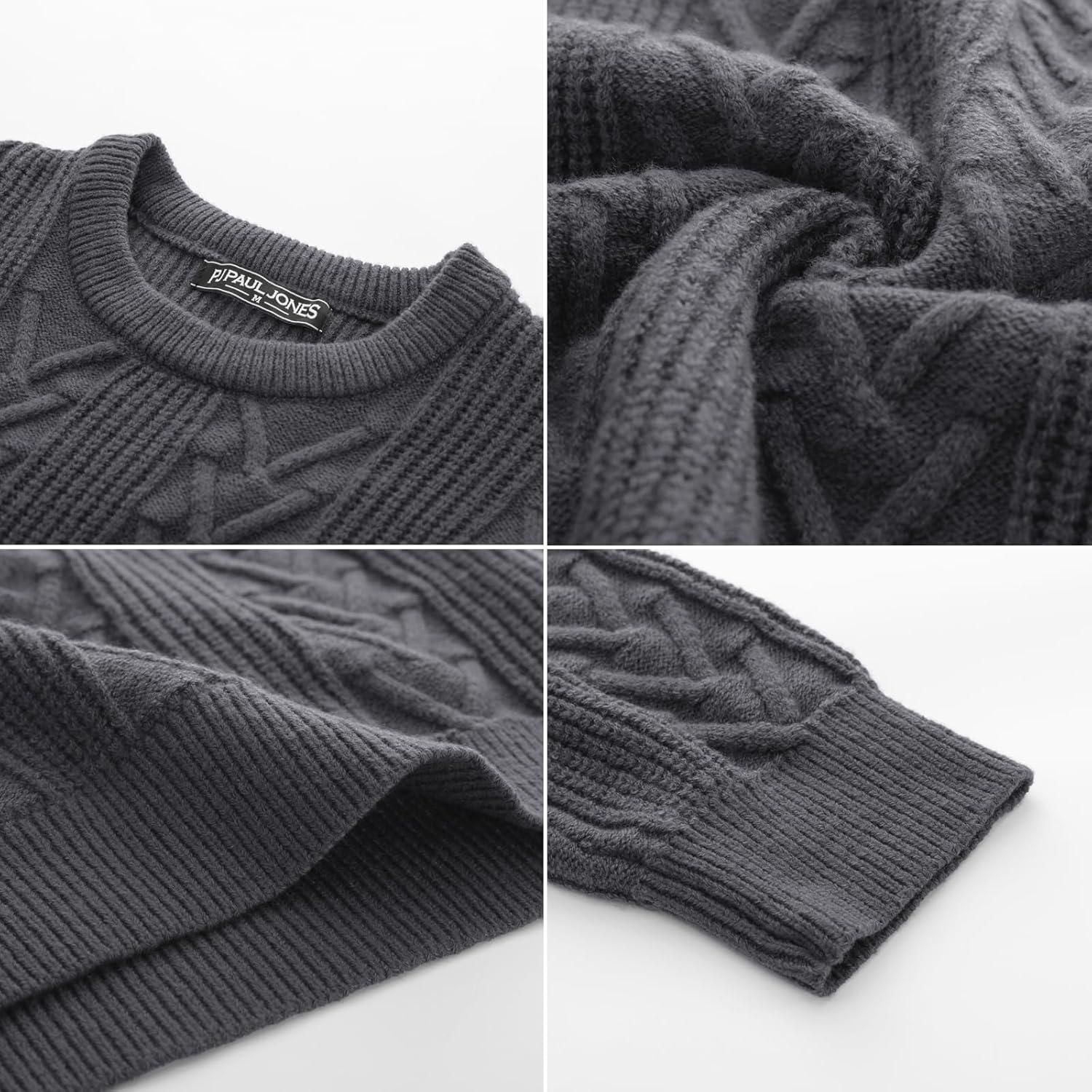 imagePJ PAUL JONES Mens Crewneck Sweater Casual Cable Knit Pullover Sweater Drop Shoulder Solid Knitted SweatersGray