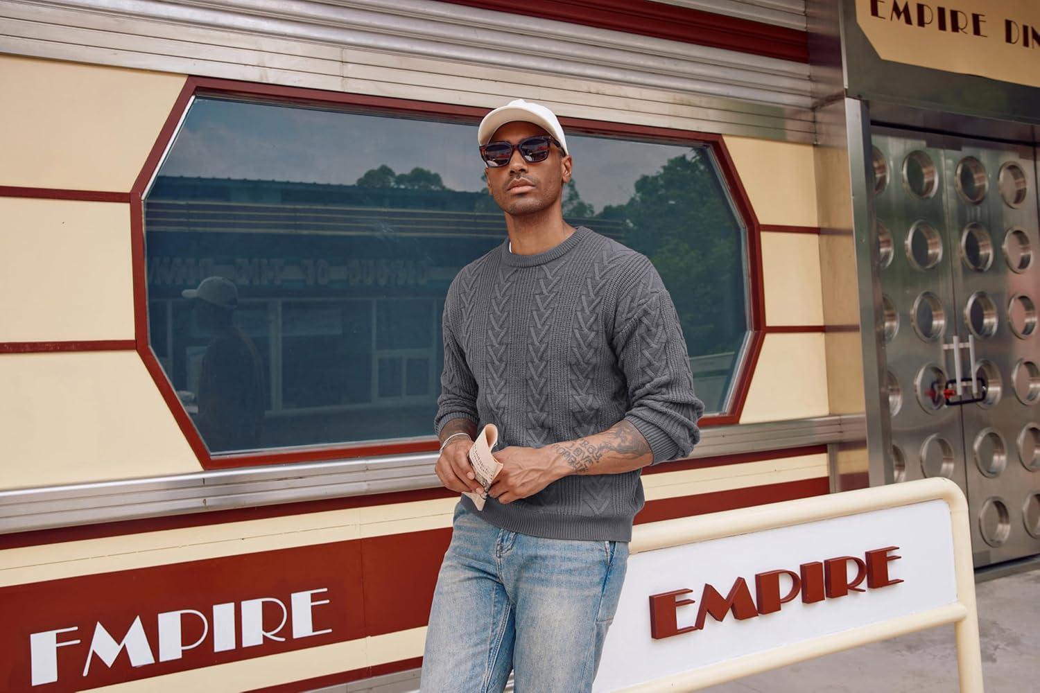 imagePJ PAUL JONES Mens Crewneck Sweater Casual Cable Knit Pullover Sweater Drop Shoulder Solid Knitted SweatersGray