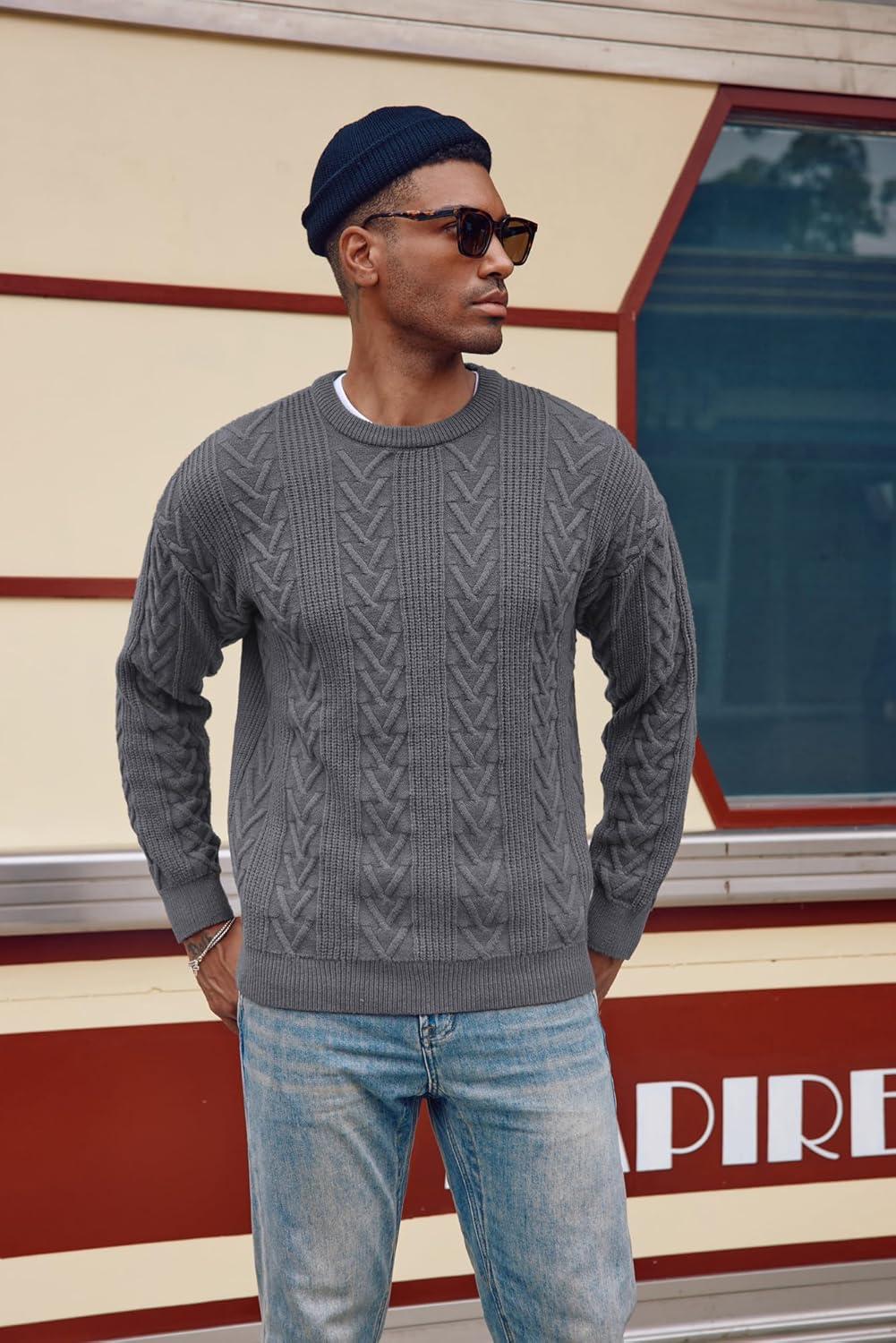 imagePJ PAUL JONES Mens Crewneck Sweater Casual Cable Knit Pullover Sweater Drop Shoulder Solid Knitted SweatersGray