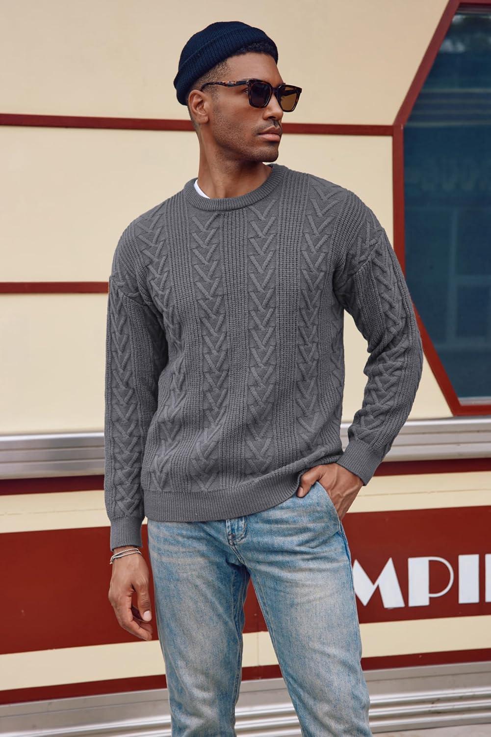 imagePJ PAUL JONES Mens Crewneck Sweater Casual Cable Knit Pullover Sweater Drop Shoulder Solid Knitted SweatersGray