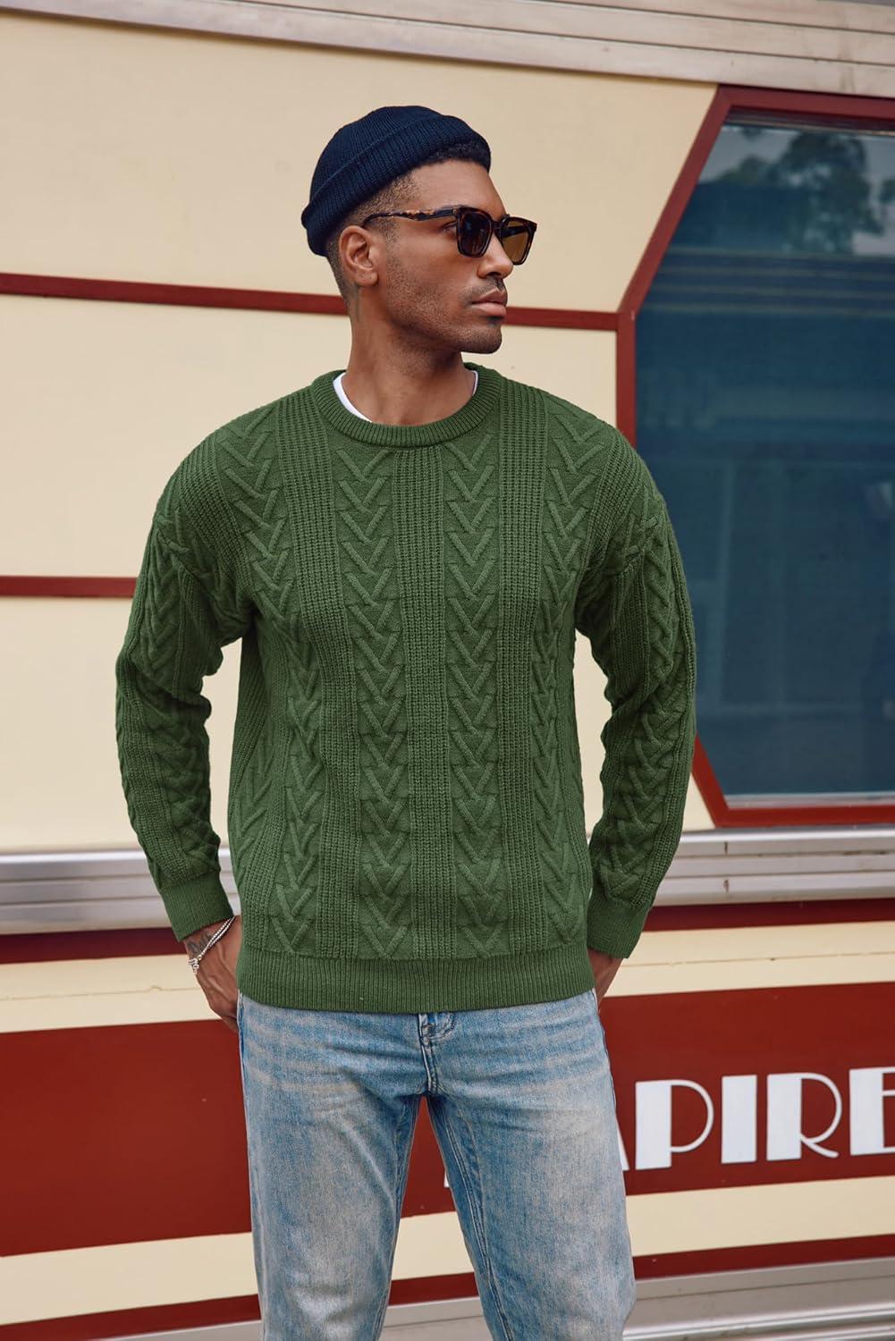 imagePJ PAUL JONES Mens Crewneck Sweater Casual Cable Knit Pullover Sweater Drop Shoulder Solid Knitted SweatersGreen