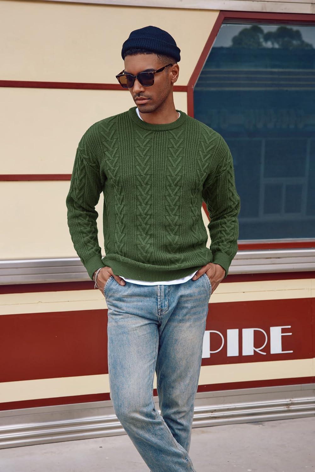 imagePJ PAUL JONES Mens Crewneck Sweater Casual Cable Knit Pullover Sweater Drop Shoulder Solid Knitted SweatersGreen
