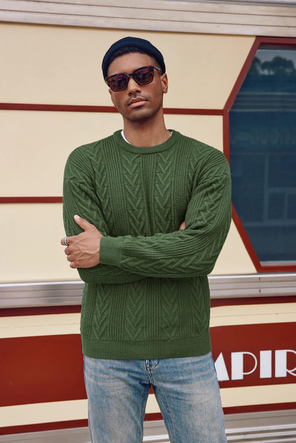 imagePJ PAUL JONES Mens Crewneck Sweater Casual Cable Knit Pullover Sweater Drop Shoulder Solid Knitted SweatersGreen