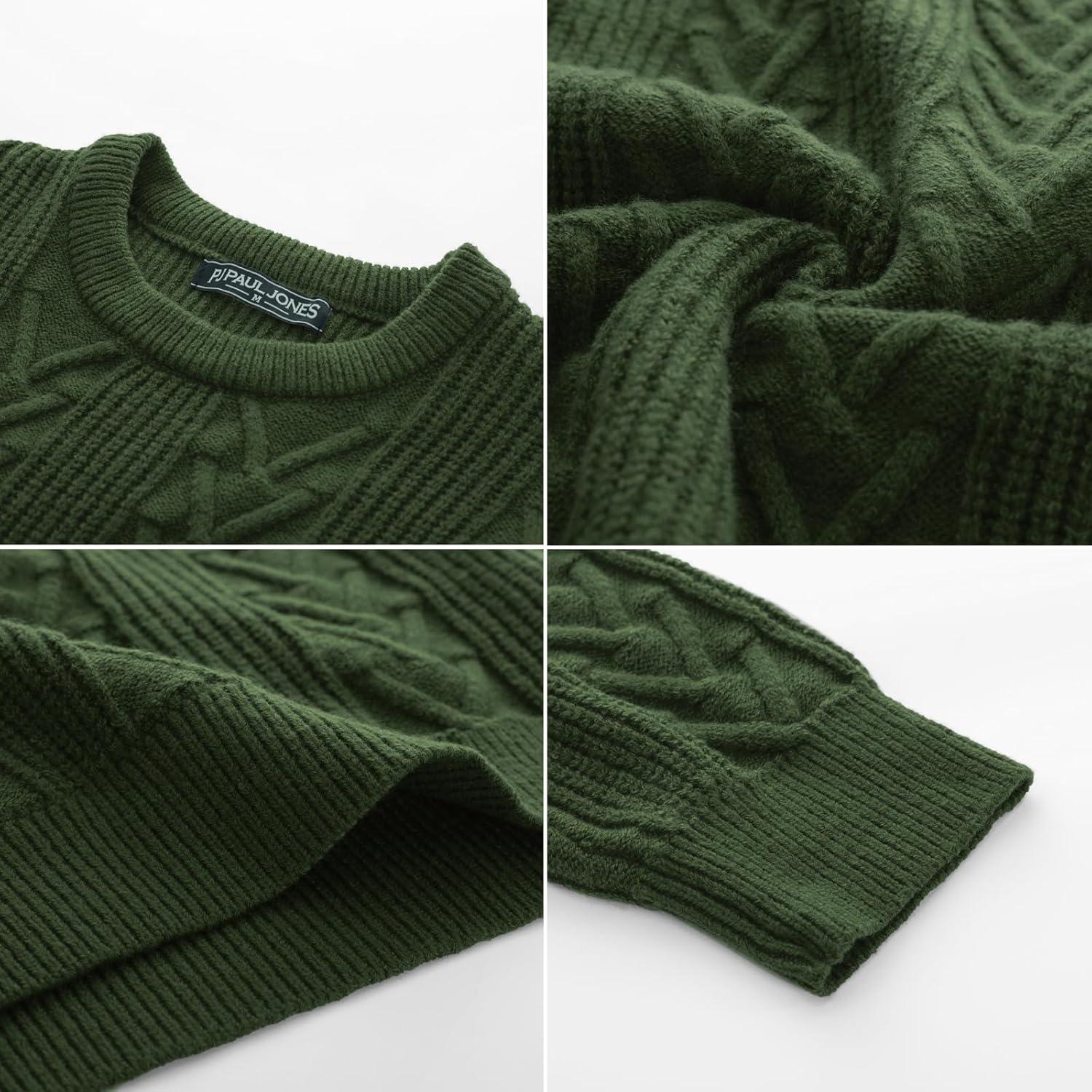 imagePJ PAUL JONES Mens Crewneck Sweater Casual Cable Knit Pullover Sweater Drop Shoulder Solid Knitted SweatersGreen