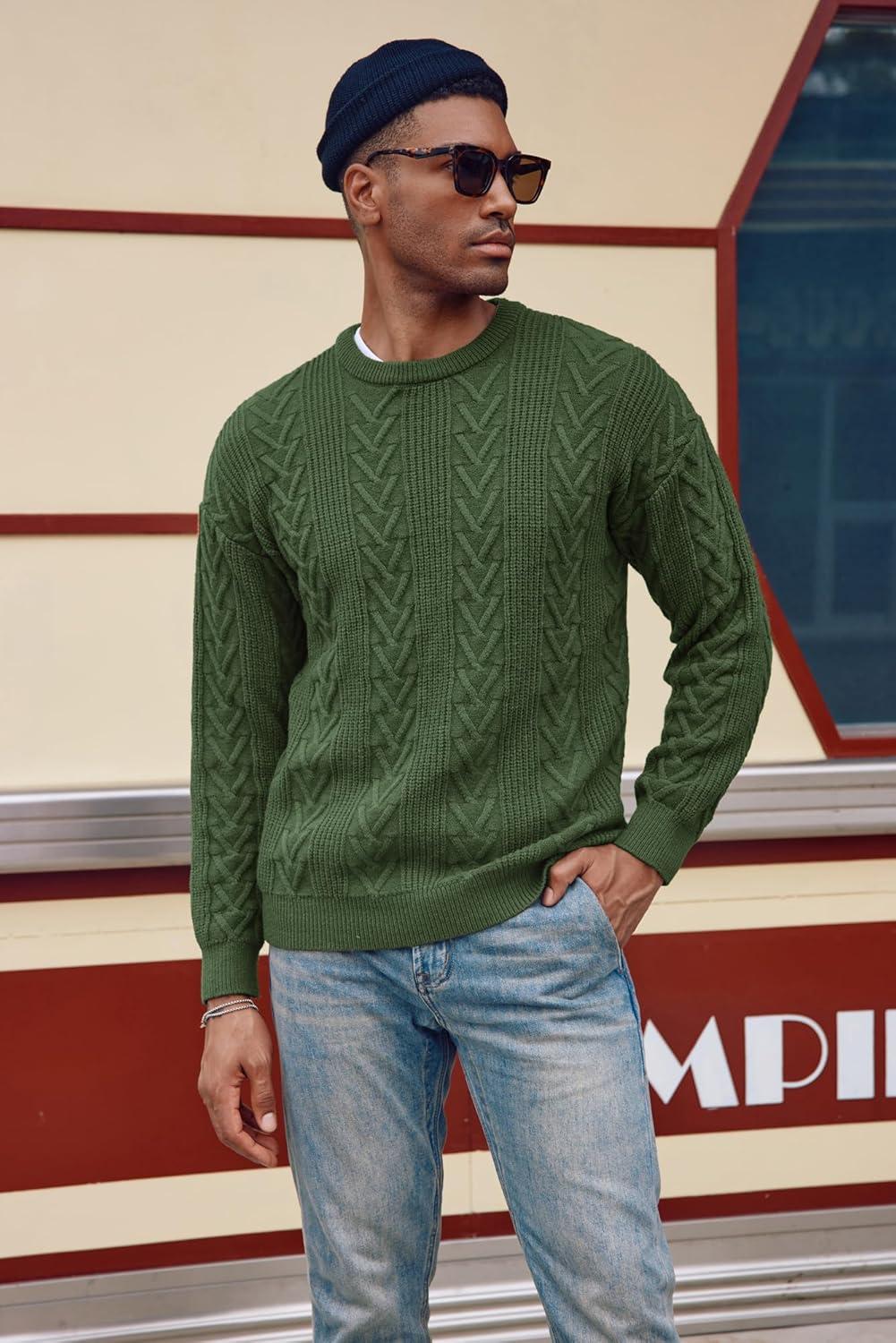 imagePJ PAUL JONES Mens Crewneck Sweater Casual Cable Knit Pullover Sweater Drop Shoulder Solid Knitted SweatersGreen