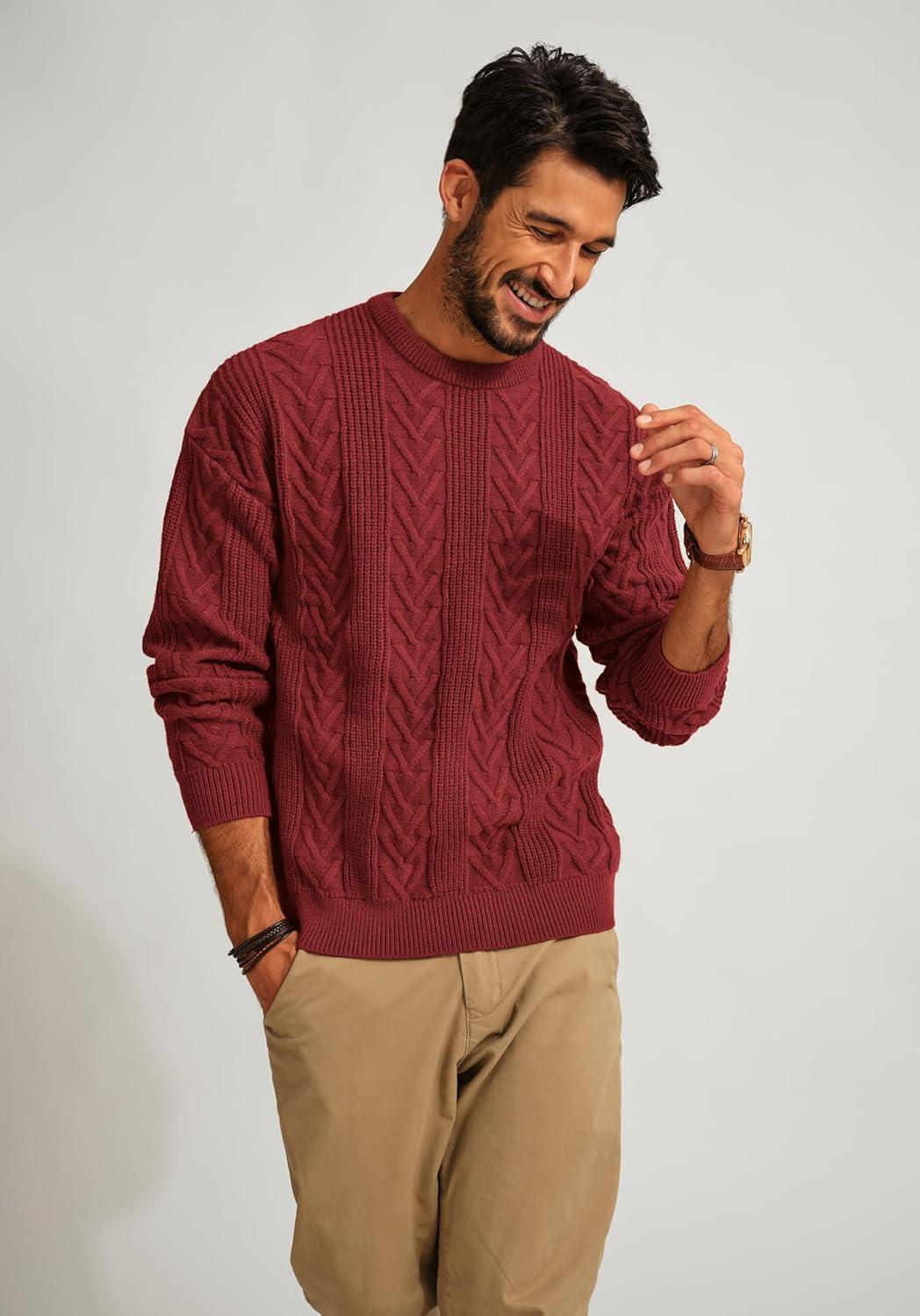 imagePJ PAUL JONES Mens Crewneck Sweater Casual Cable Knit Pullover Sweater Drop Shoulder Solid Knitted SweatersRed