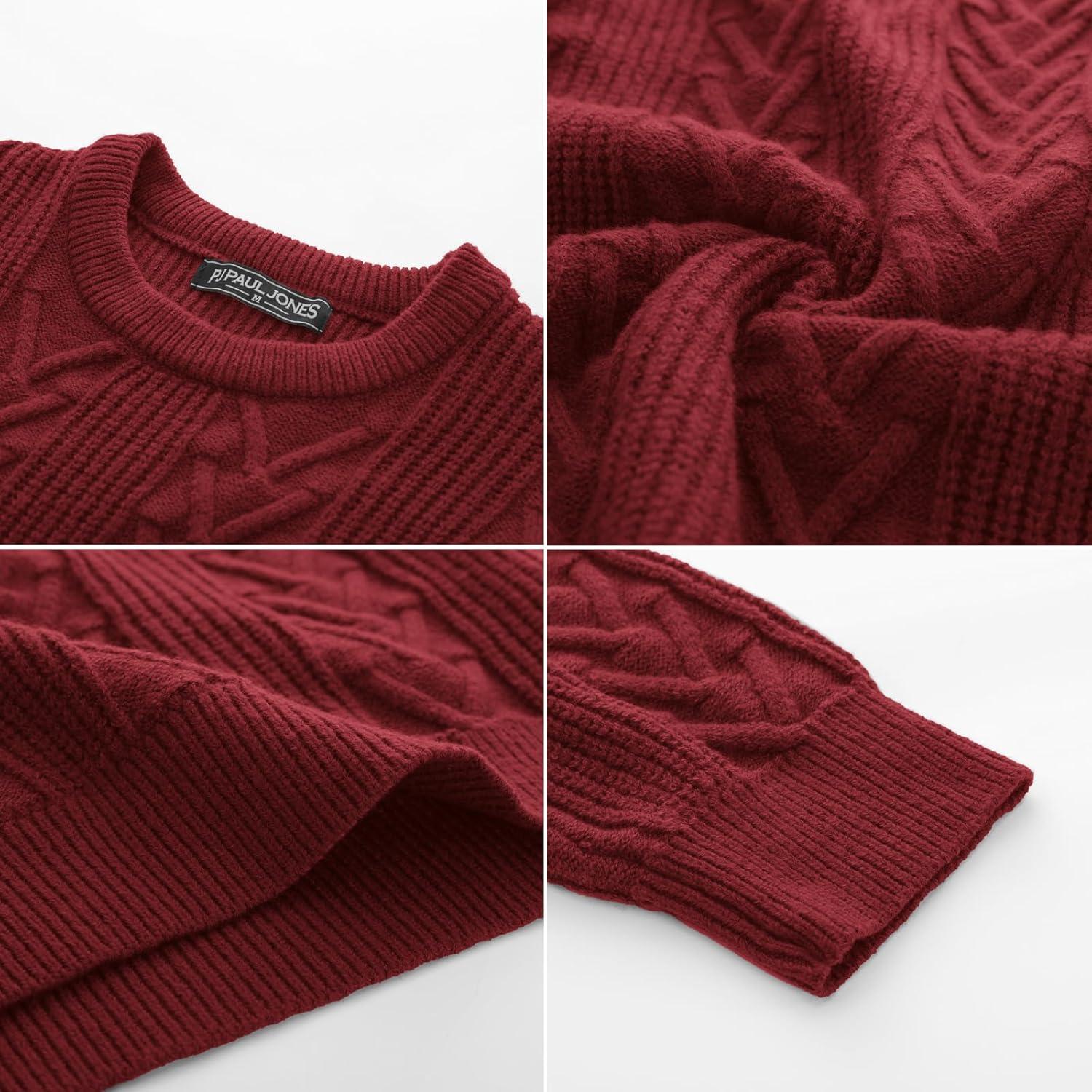 imagePJ PAUL JONES Mens Crewneck Sweater Casual Cable Knit Pullover Sweater Drop Shoulder Solid Knitted SweatersRed