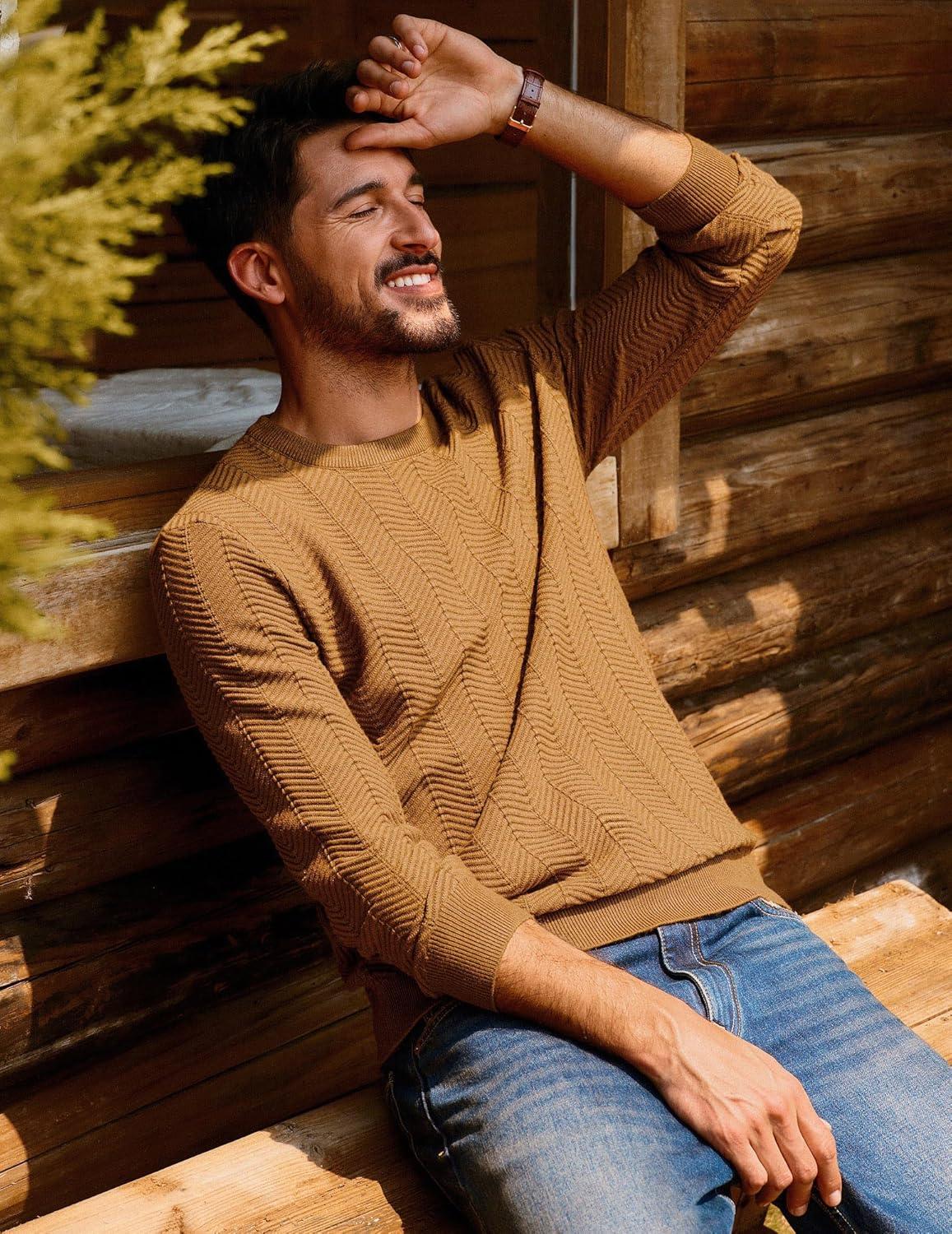 imagePJ PAUL JONES Mens Crewneck Sweater Lightweight Casual Long Sleeve Knit Pullover SweatersCoffee