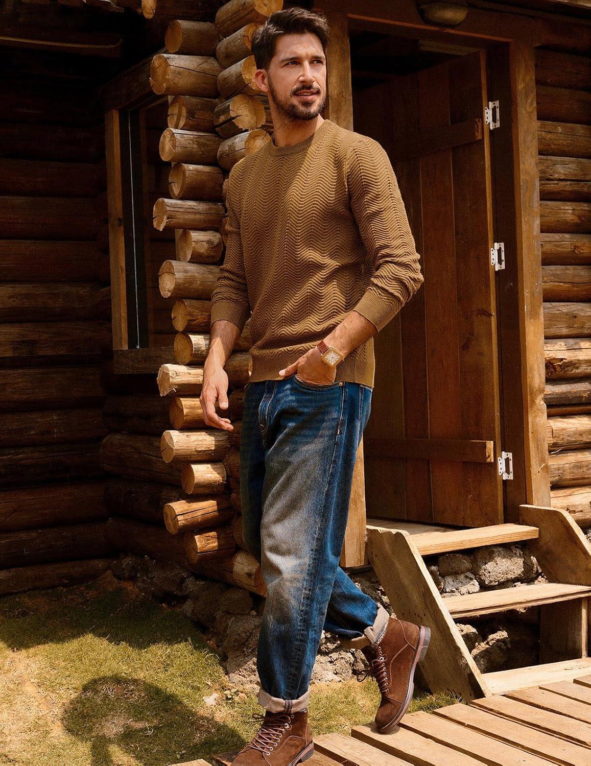 imagePJ PAUL JONES Mens Crewneck Sweater Lightweight Casual Long Sleeve Knit Pullover SweatersCoffee