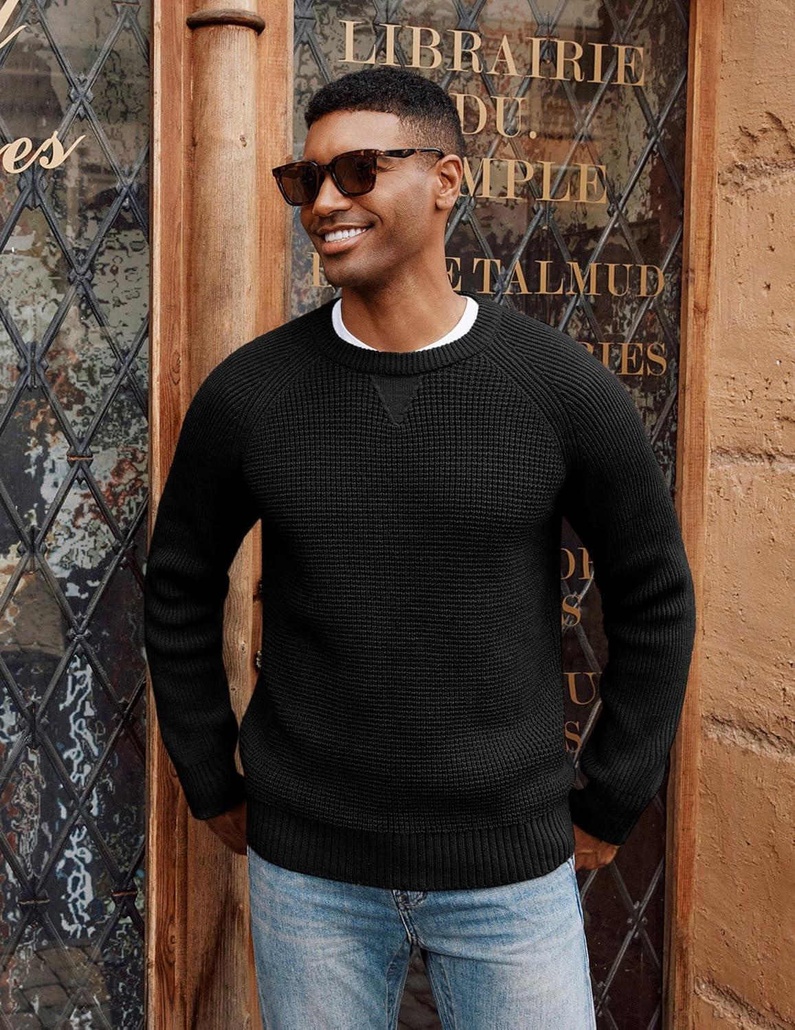 imagePJ PAUL JONES Mens Crewneck Sweater Waffle Knitted Pullover Sweaters Raglan Sleeve Knitwear SweatersBlack