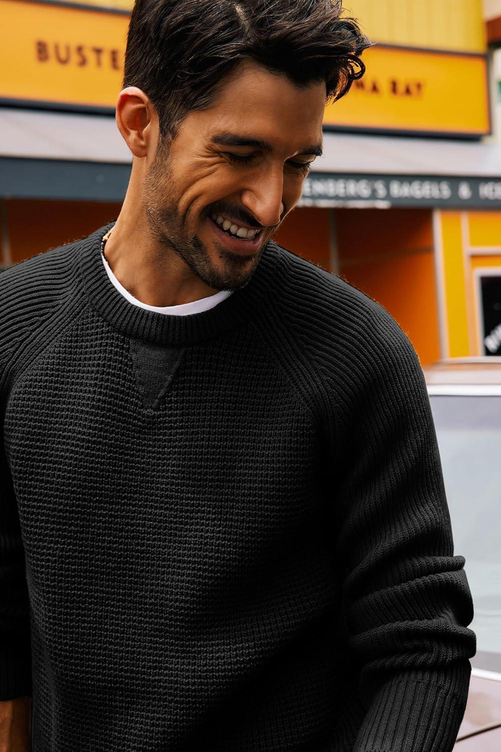 imagePJ PAUL JONES Mens Crewneck Sweater Waffle Knitted Pullover Sweaters Raglan Sleeve Knitwear SweatersBlack