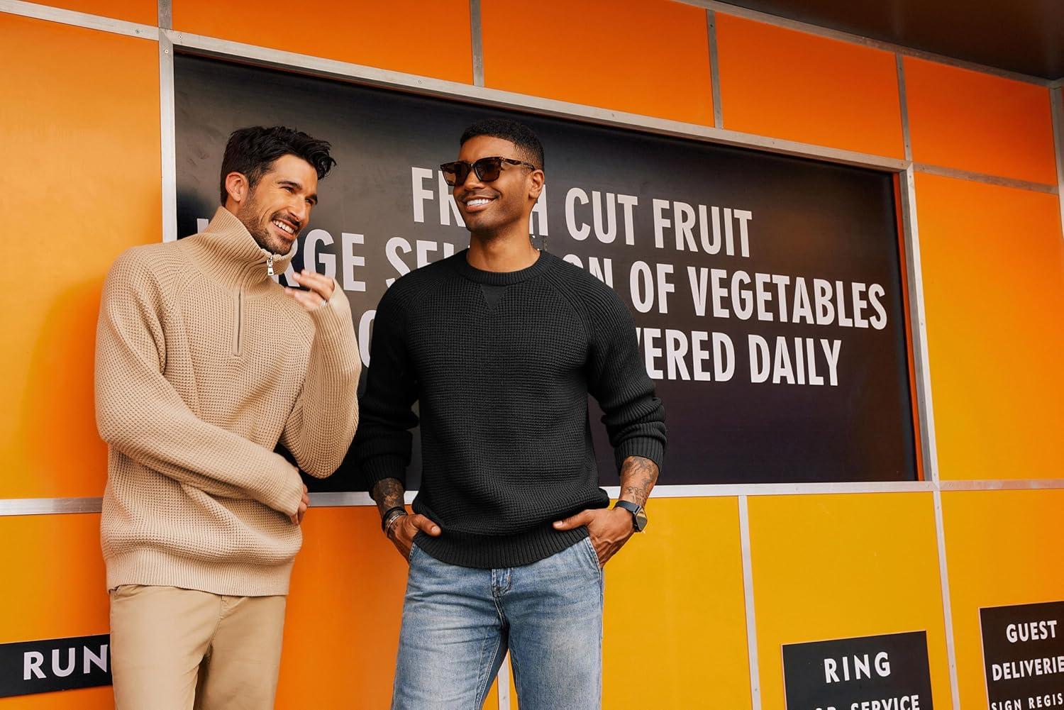 imagePJ PAUL JONES Mens Crewneck Sweater Waffle Knitted Pullover Sweaters Raglan Sleeve Knitwear SweatersBlack