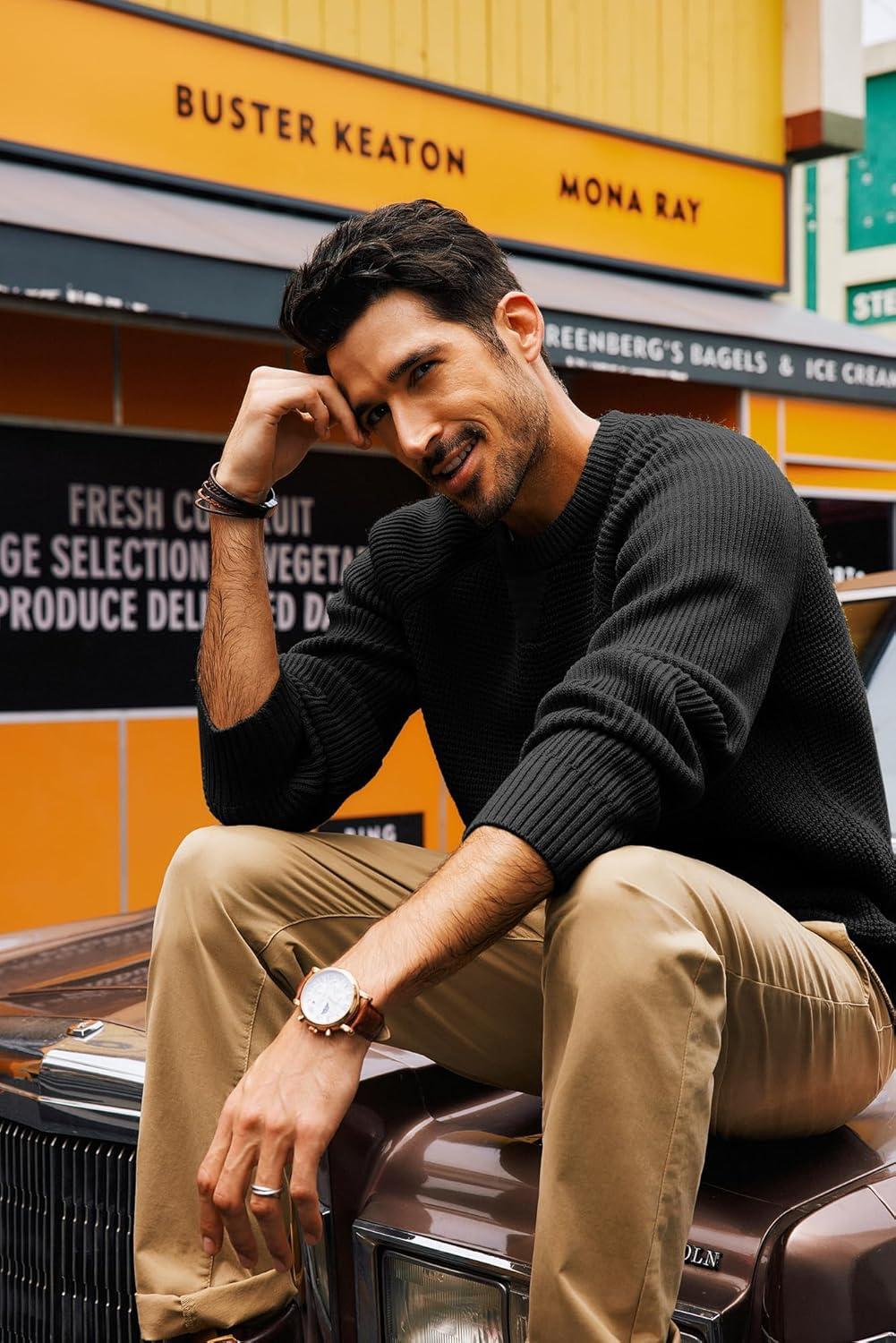 imagePJ PAUL JONES Mens Crewneck Sweater Waffle Knitted Pullover Sweaters Raglan Sleeve Knitwear SweatersBlack