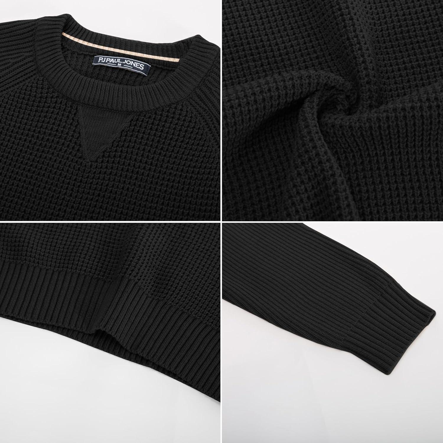 imagePJ PAUL JONES Mens Crewneck Sweater Waffle Knitted Pullover Sweaters Raglan Sleeve Knitwear SweatersBlack